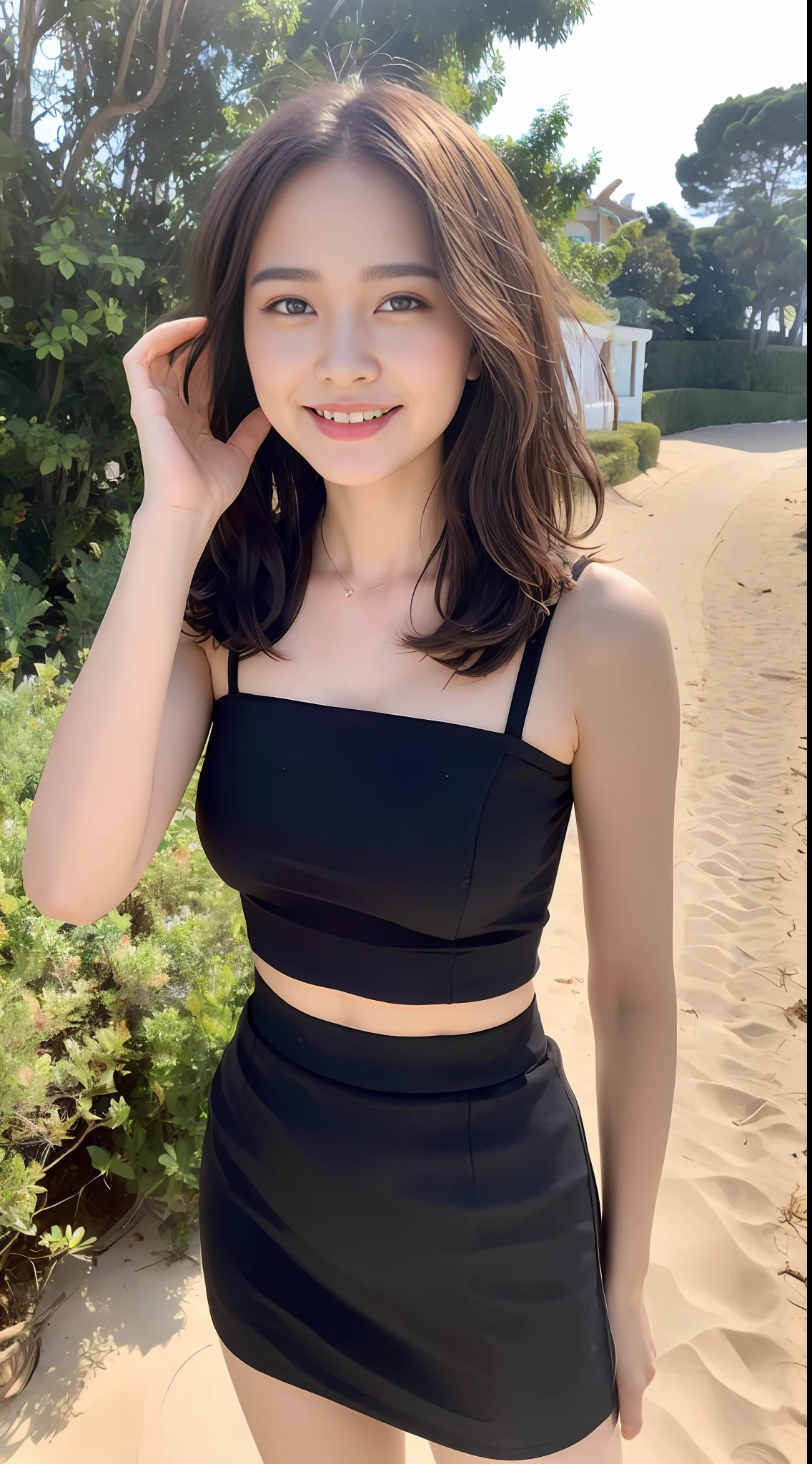 ((Best Quality, 8K, Masterpiece: 1.3)), , Focus: 1.2, Perfect Body Beauty: 1.4, Buttocks: 1.2, (Layered Haircut: 1.2)), (Dark Street: 1.3), Highly Detailed Face and Skin Texture, Full Body, Fine Eyes, Double Eyelids, Whitened Skin, Long Curly Hair, (Round Face: 1.5), (Black Hip Skirt: 1.6). Smile on the beach of the villa by the sea,