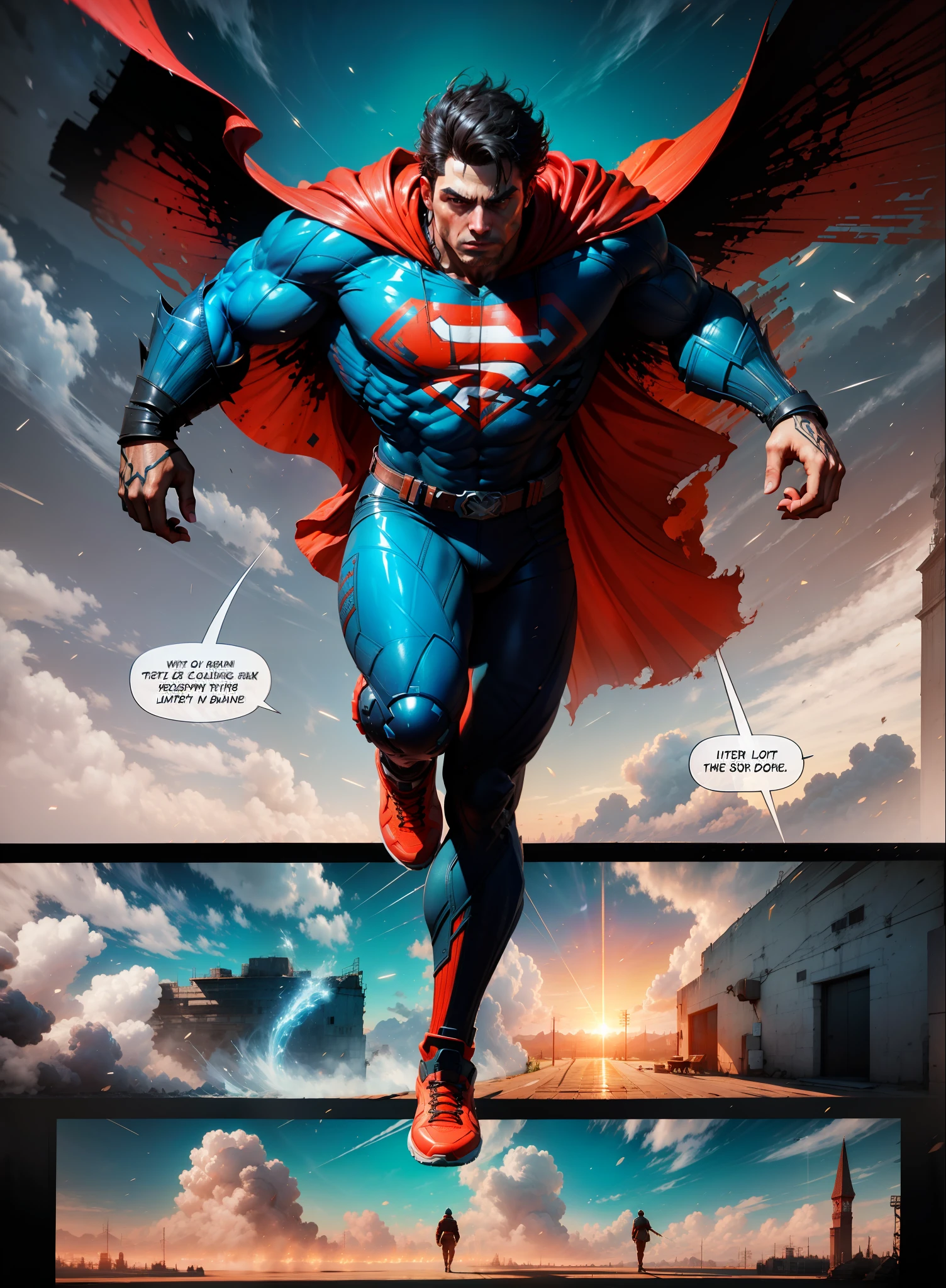 Super homem sombrio, longa capa vermelha nas costas, unreal engine 5, 8k.
