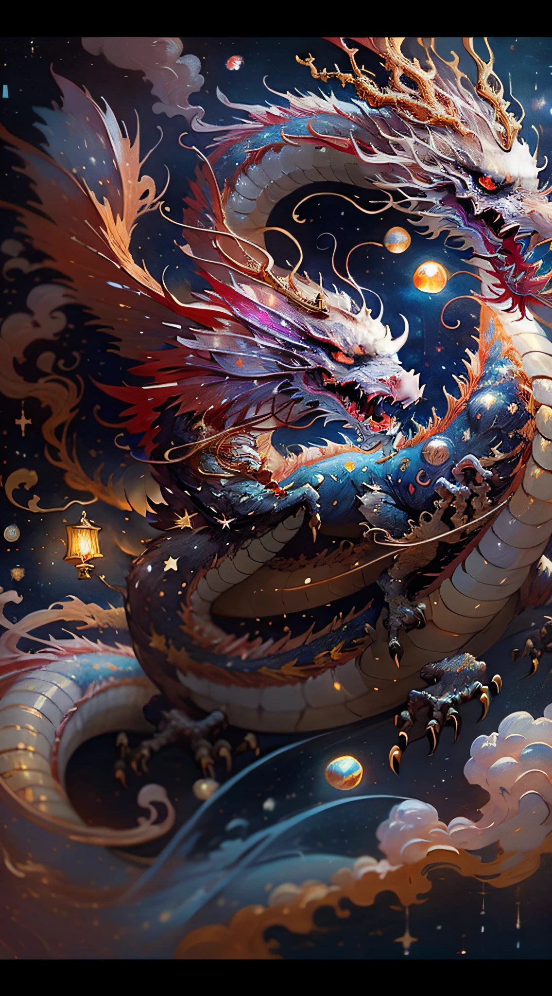 A celestial Chinese Dragon flying in the night sky, moon illuminating vibrant colors of dragon scales ((red, blue, gold:1.3)), mid-20th century vintage oil painting vibe ((Van Gogh style:1.2)), (pearly teeth:1.5), fiery eyes, cosmic stars in the background, (galaxy:1.3), fire-breathing, inspired by the works of Xu Beihong.