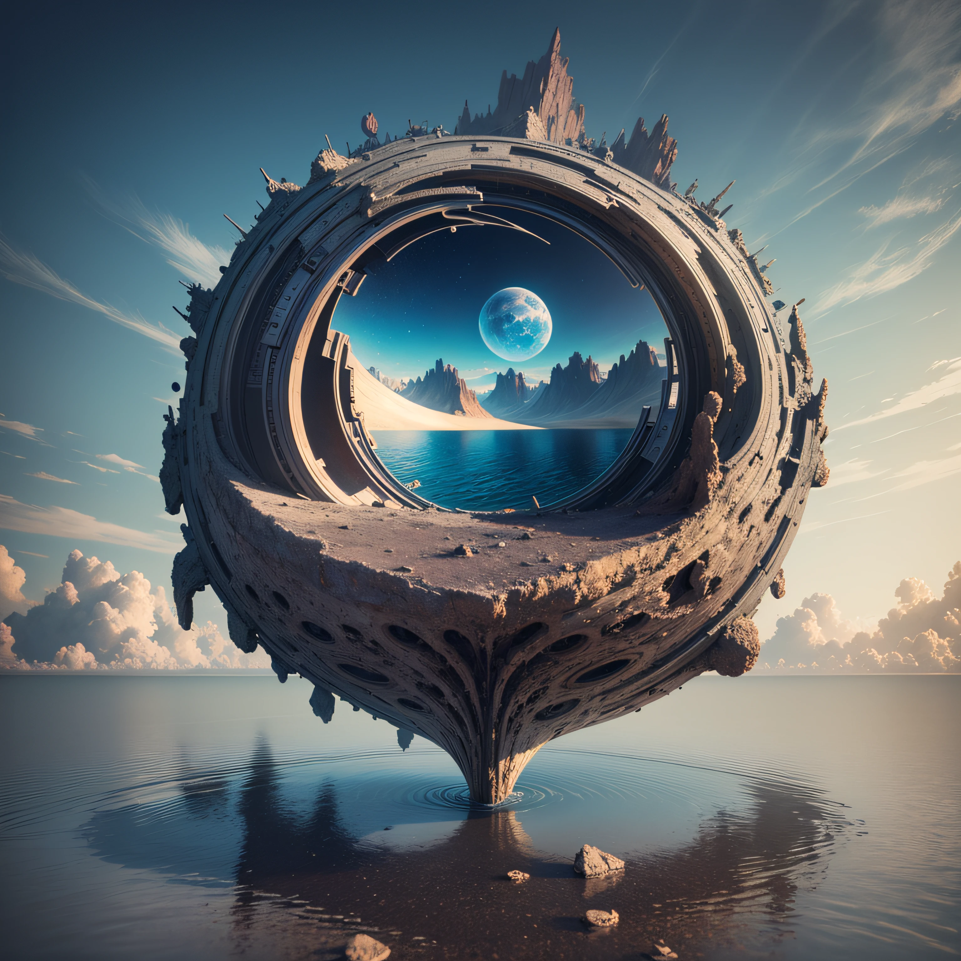 body of water in a desert, in the style of surreal architectural landscapes, national geographic photo, Hasselblad high detail, cinematic Lighting, Reflected Light,Atmospheric Perspective, Panoramic View, F/4.0, nikon, UHQ, super-detail,best quarity, 8k