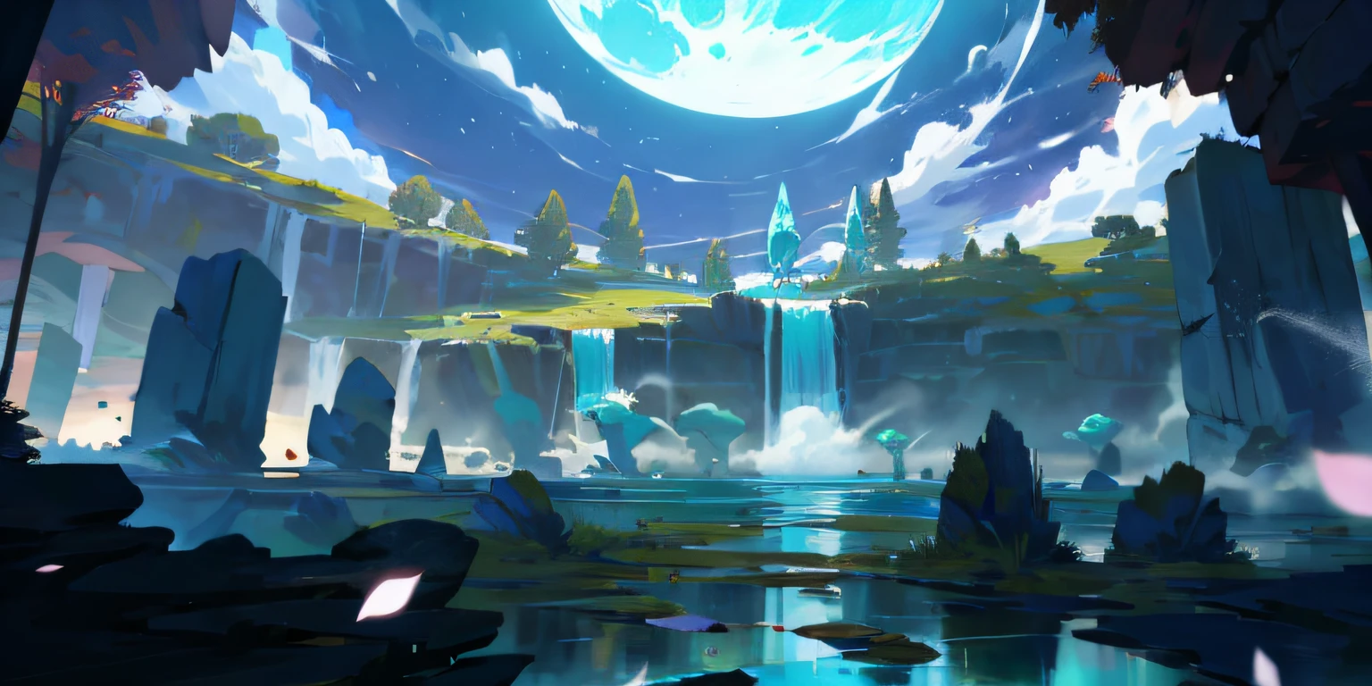 (masterpiece, best quality, high resolution, ultra_detailed:1.2),
(detailed_background), landscape, ((darkness, night: 1.5, moon, starry sky, milky_way)), ((flower: 1.6)),
Fantasy, light_particles, Ruins: 0.5, Pond|River, Stone Forest|Pillar, Waterfall, Cliff, Cherry Blossom, Floating, Style Petal: 0.5, (Style-Inner Cloth Magic: 1.5), Mist: 0.4