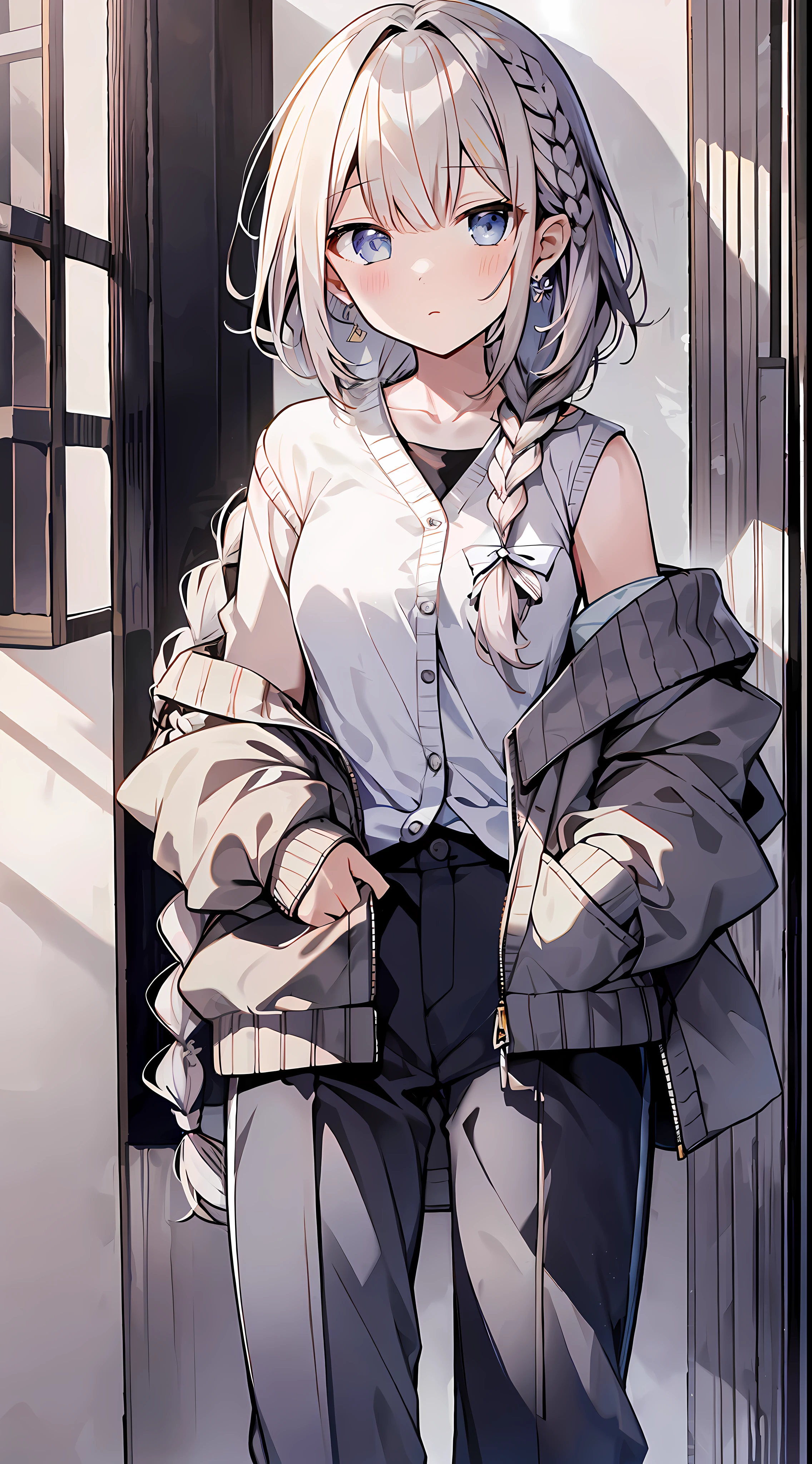 (incredibly absurdres absolutely resolution: 1.5), top quality, masterpiece, ultra high resolution, 8k, (multiple girls), (pale colored cardigan, sneakers, pants) break shoujo manga style, (li), soft line art, digital enhancement, shojo manga touch, shojo manga core, (hair length to shoulder))), (((short braid))), entangle, beautiful and aesthetic: 1.5, High quality: 1.3