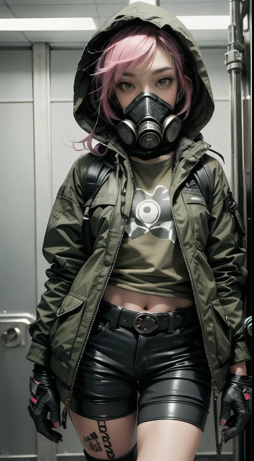 Ultra wide photo(1punk girl with gasmask)with adidas coat and hood