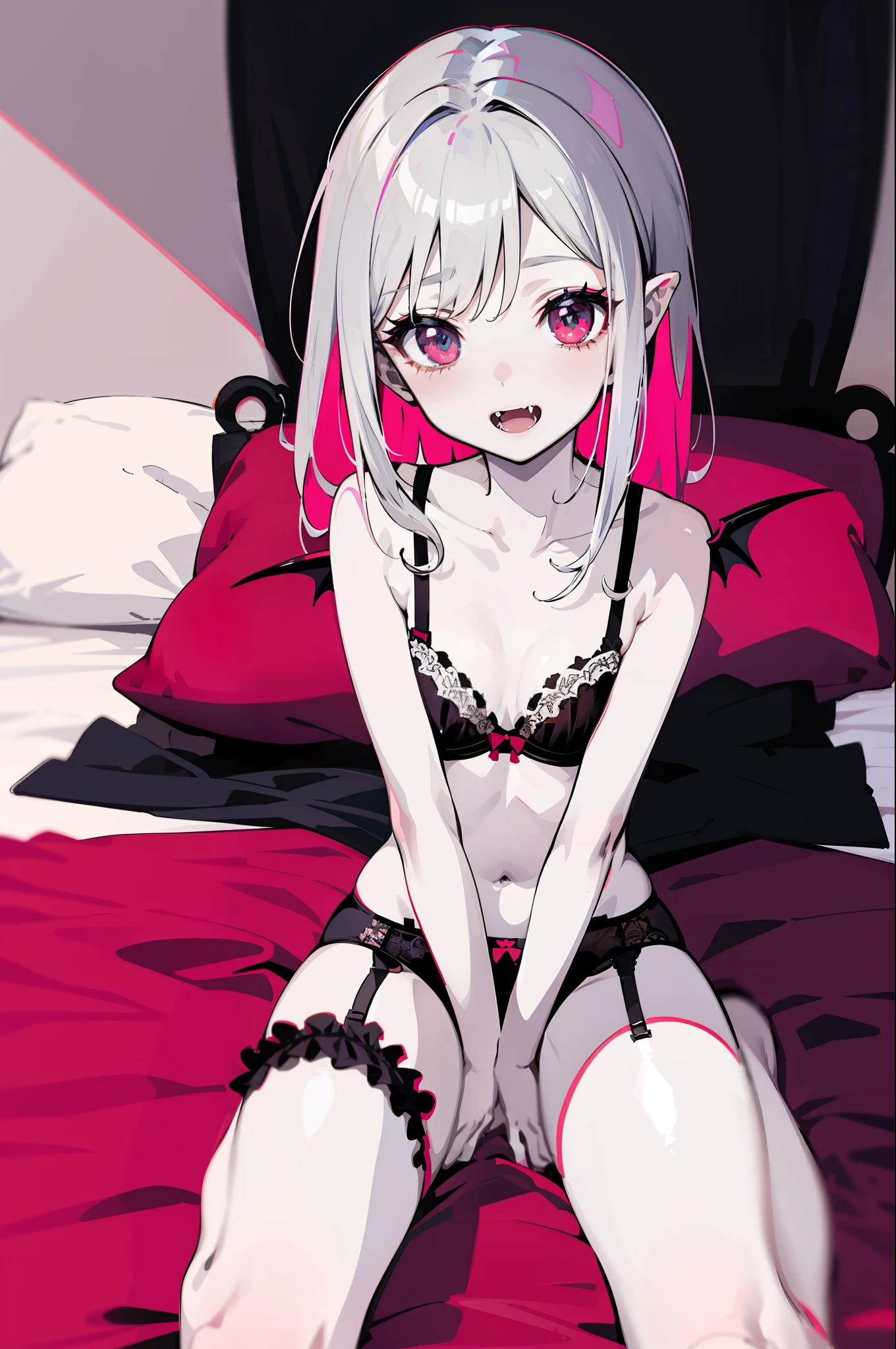 sthe highest qualit、女の子 1 人、on a bed、Colorful hair、a Pretty 、the anime、Sheer white skin、Asian Girls、all body、、14歳、Shines、Quiet child、HigContrast、Temptingual、Eye color is red、The top of the head is silver hair and the tips are pink、vampire、The vampire、Has fangs、Shameful face、Spread your crotch、Infinitely close to naked、succubus、bra less、No bra、Hide your with hair、garter belts