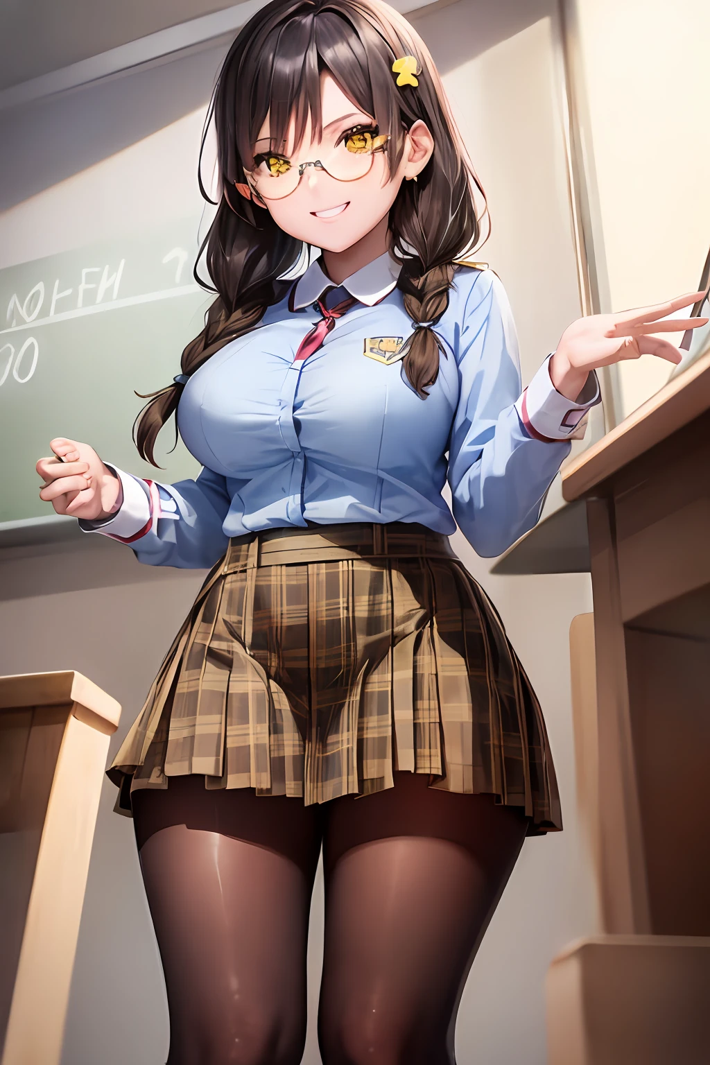 glasses、braid hair、Pigtails hair、BROWN EYES、A evil smile、Evil smile、Hair Ornaments、slong hair、Plaid pleated skirt、Yellow miniskirt、Black hair、, uniform,、Camisa blanca、White Y-shirt、thickthighs、black pantyhose、Black stockings、Black tights、school classroom、evening