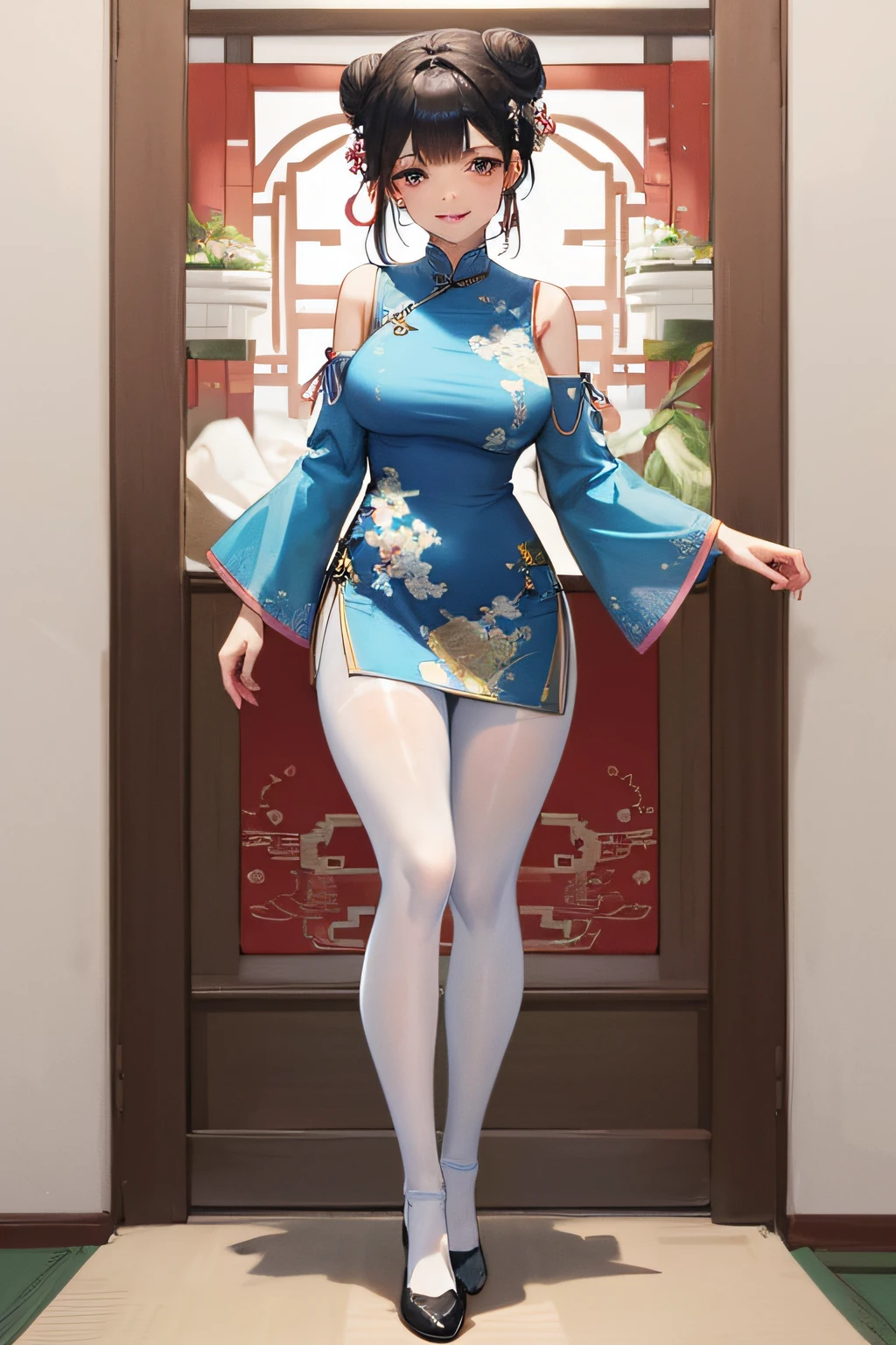 Masterpiece, best, 1 female, blue clothes, blue cheongsam, full body photo, ancient Chinese style, white cloth bun bun, black hair, shoulders, big breasts, slender legs, smile, white pantyhose, pantyhose lace side, white underwear, pale pink lips, embroidered dress