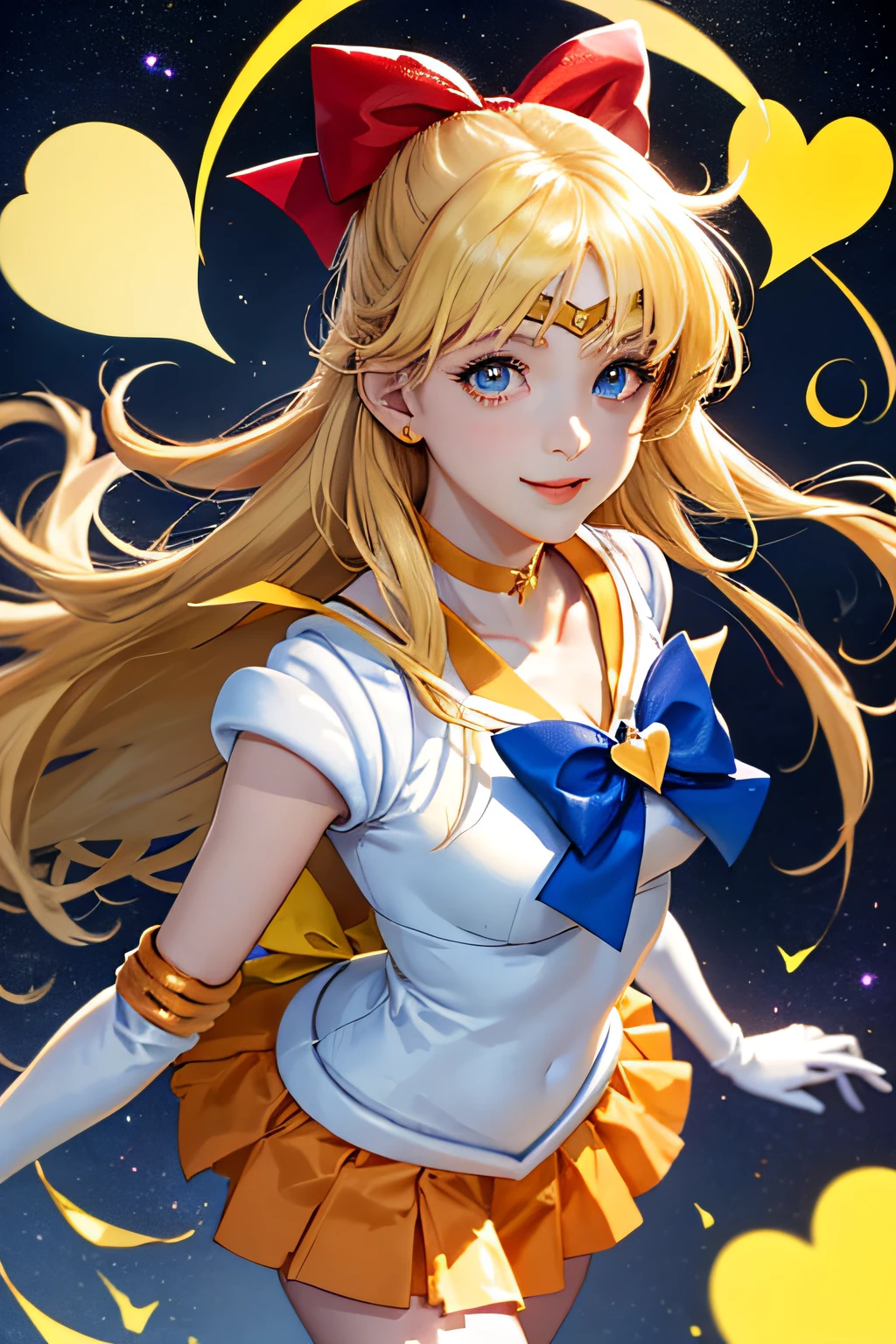 (masterpiece, best quality;1.3), extremely detailed CG, ultra detailed, 1girl, solo,  smile,  looking at viewer, stylish ungle, blonde long hair,blue eyes,
sv1, sailor senshi uniform, orange skirt, elbow gloves, tiara, orange sailor collar, red bow, orange choker, white gloves, jewelry, from above,
many hearts, face focus,Venus,tornado,abstract background, hearts storm, haert beam, heart bubbles, heart baloons, haert stars, heart flowers, HEART LIGHTS, heart world, heart background, galaxy background, heart weapon, heart aura,