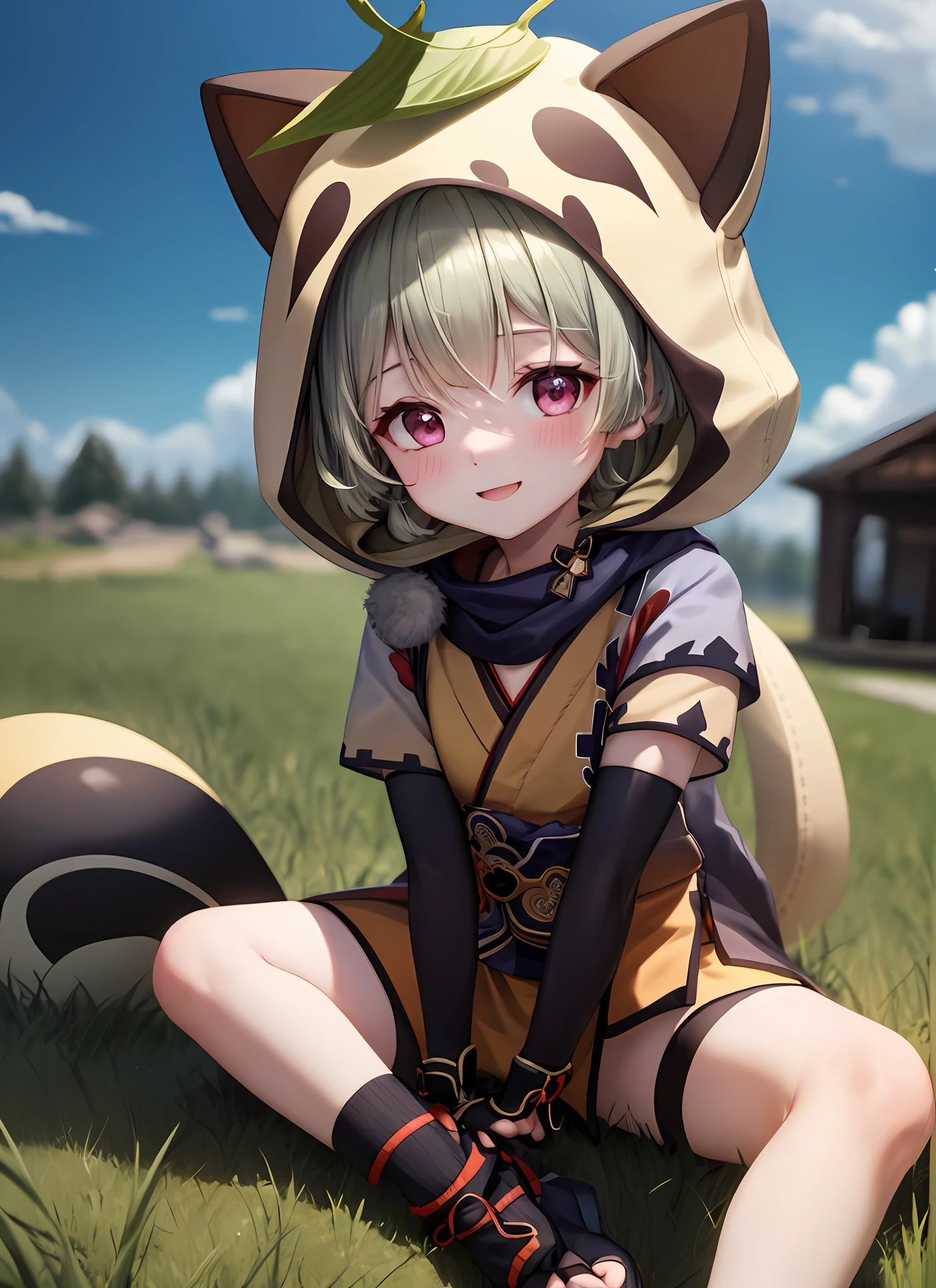 sayudef, all body, Sorrisos, blushed, out door, Daytime, SIMPLE BACKGROUND, a blue sky, ple short hair, heavens, Looking at the viewer, sitting on grass,loli,The expression is cute,duck sitting,