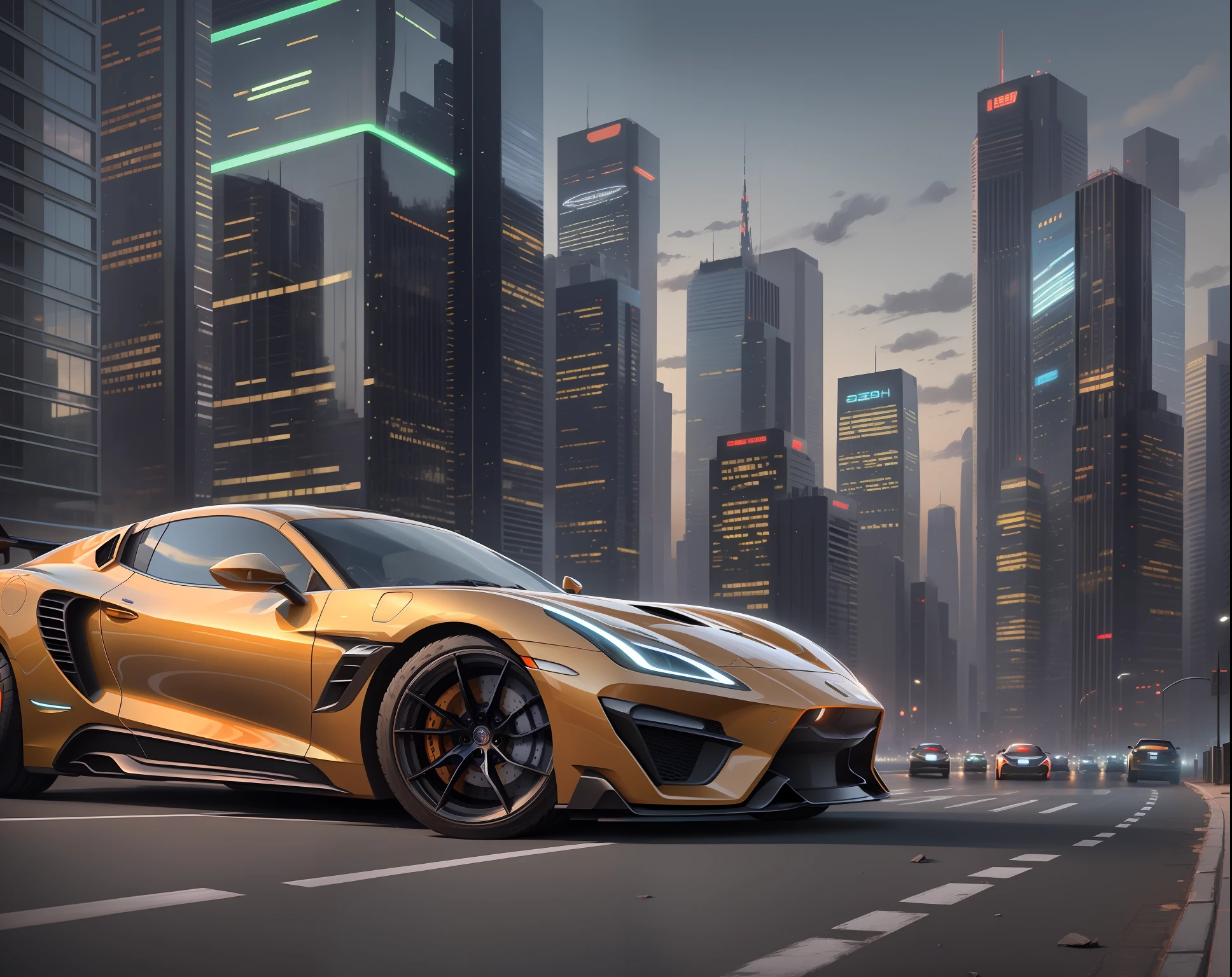 (High Definition, 9k) A futuristic sports car with neon headlights on the street of a futuristic cityscape with skyscrapers with glass