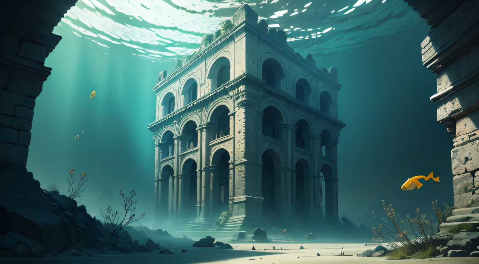 beautiful ancient city underwater, high quality, high definition