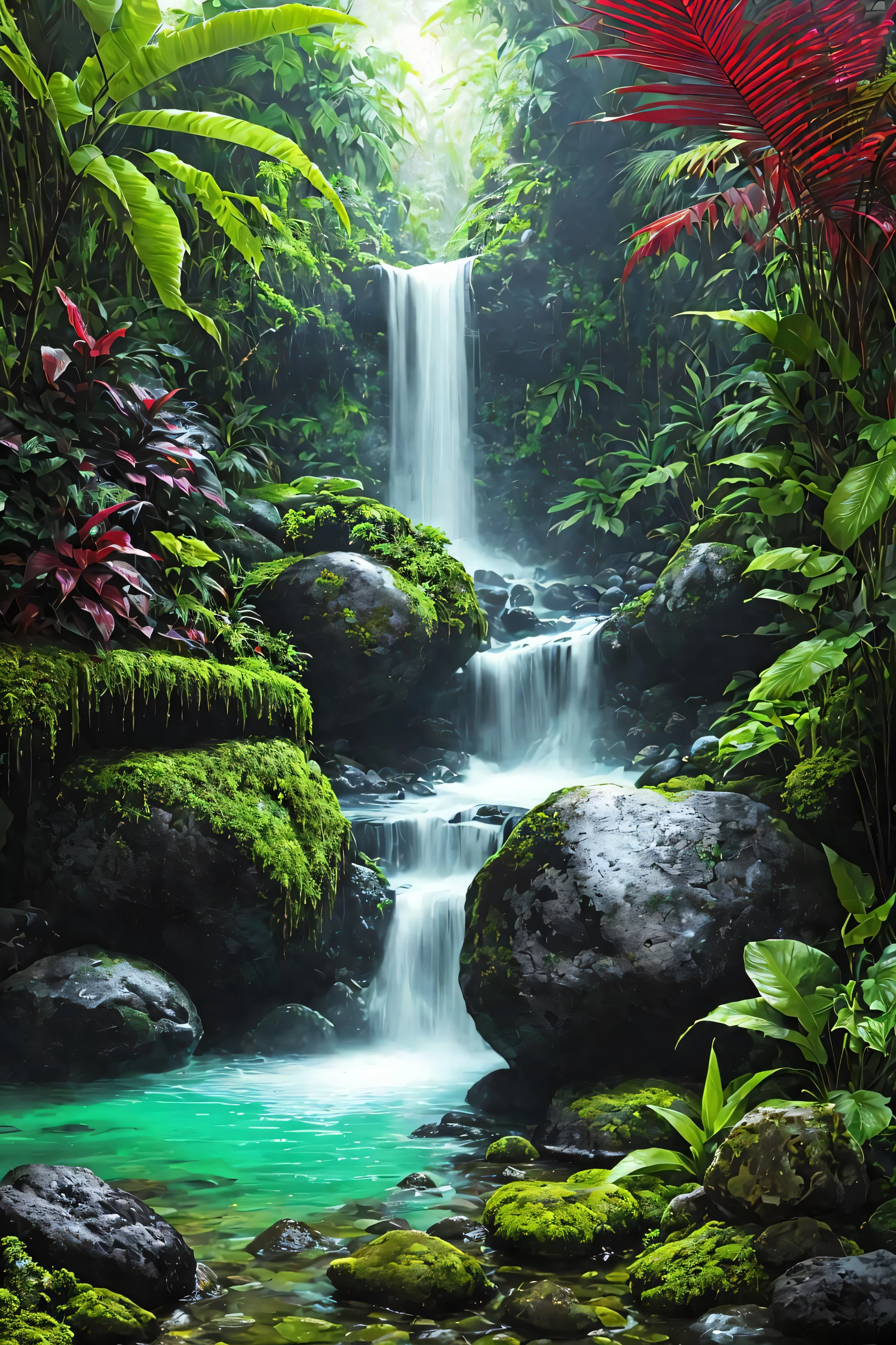 sunny tropical jungle vivid colors asymmetrical waterfall into shallow pool rough chiseled large moss covered boulders (colorful plants:1.2) volumetric fog high contrast
(masterpiece:1.2) (flat vector illustration:1.1) (best quality:1.2) (detailed) (intricate) (8k) (HDR) (wallpaper) (cinematic lighting) (sharp focus)