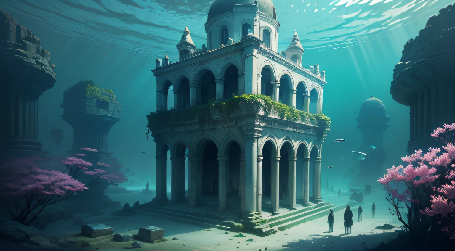 beautiful ancient city underwater, high quality, high definition