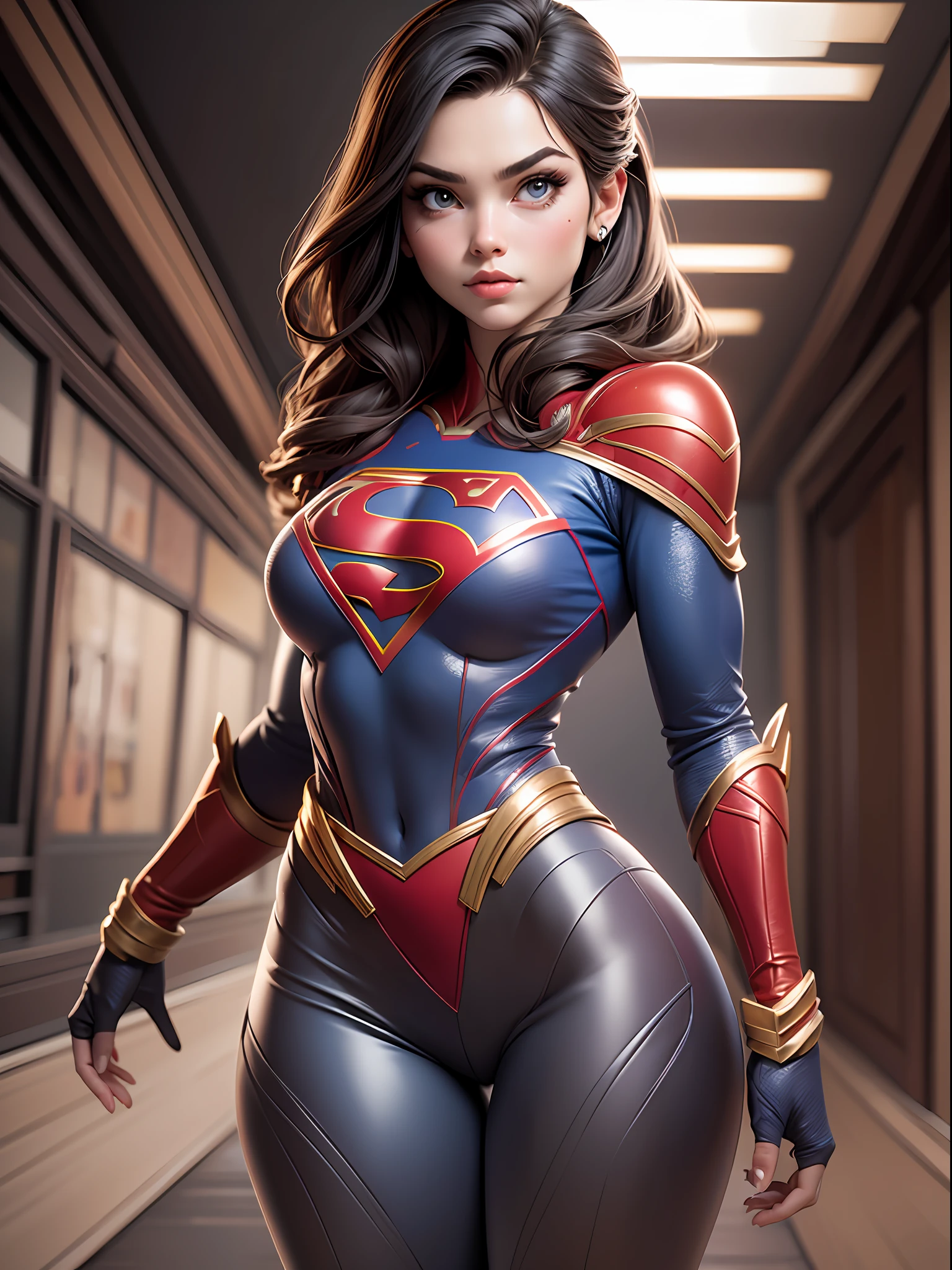 1girl, vestindo fantasia de supergirl rasgada, voador, corpo firme, olhos azuis.