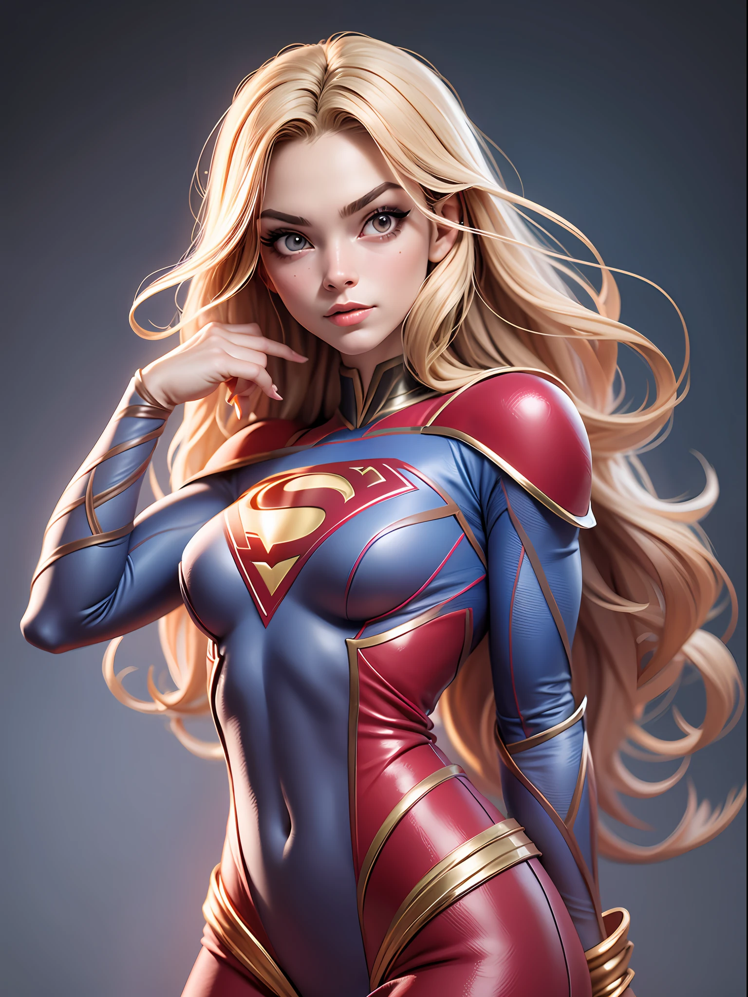 1girl, vestindo fantasia de supergirl rasgada, voador, corpo firme, olhos azuis.