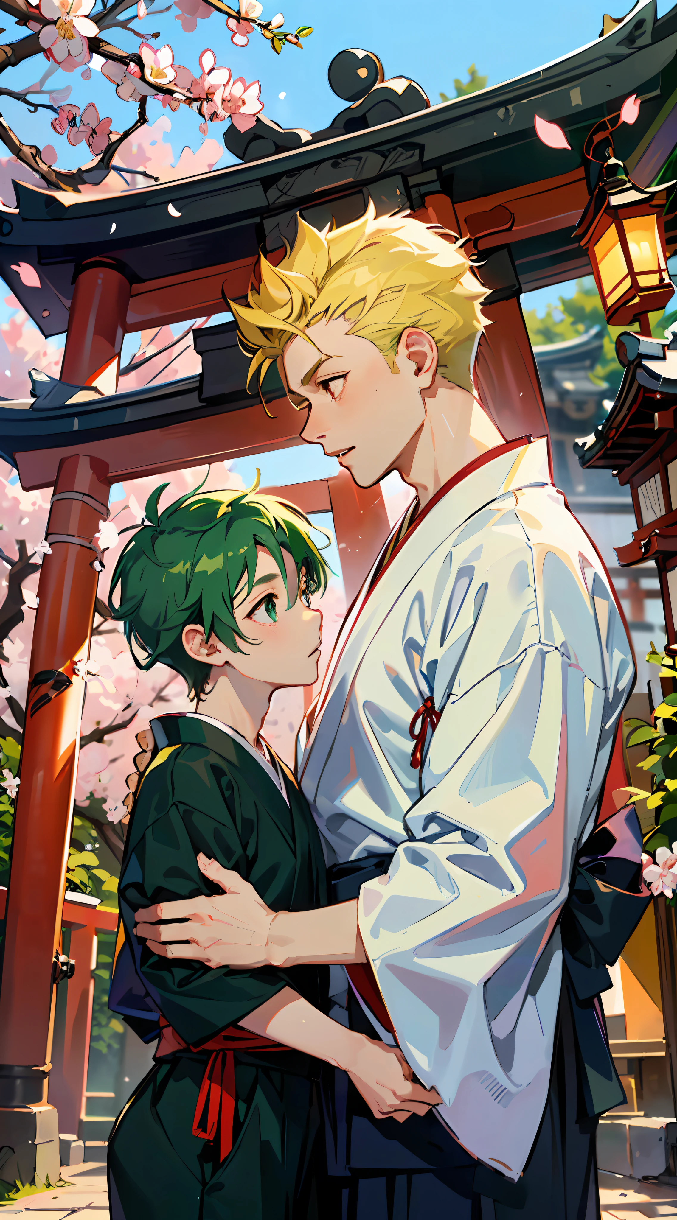 (Representative work:1.4、best qualit、8k)、(Gay couple facing each other:1.5)、(cool boy、Black hakama with blonde spiked hair and red eyes:1.1)、(Cute little boy、Short green hair and big eyes white:1.2)、(japanese shrine:1.3)、Cherry Blossoms。