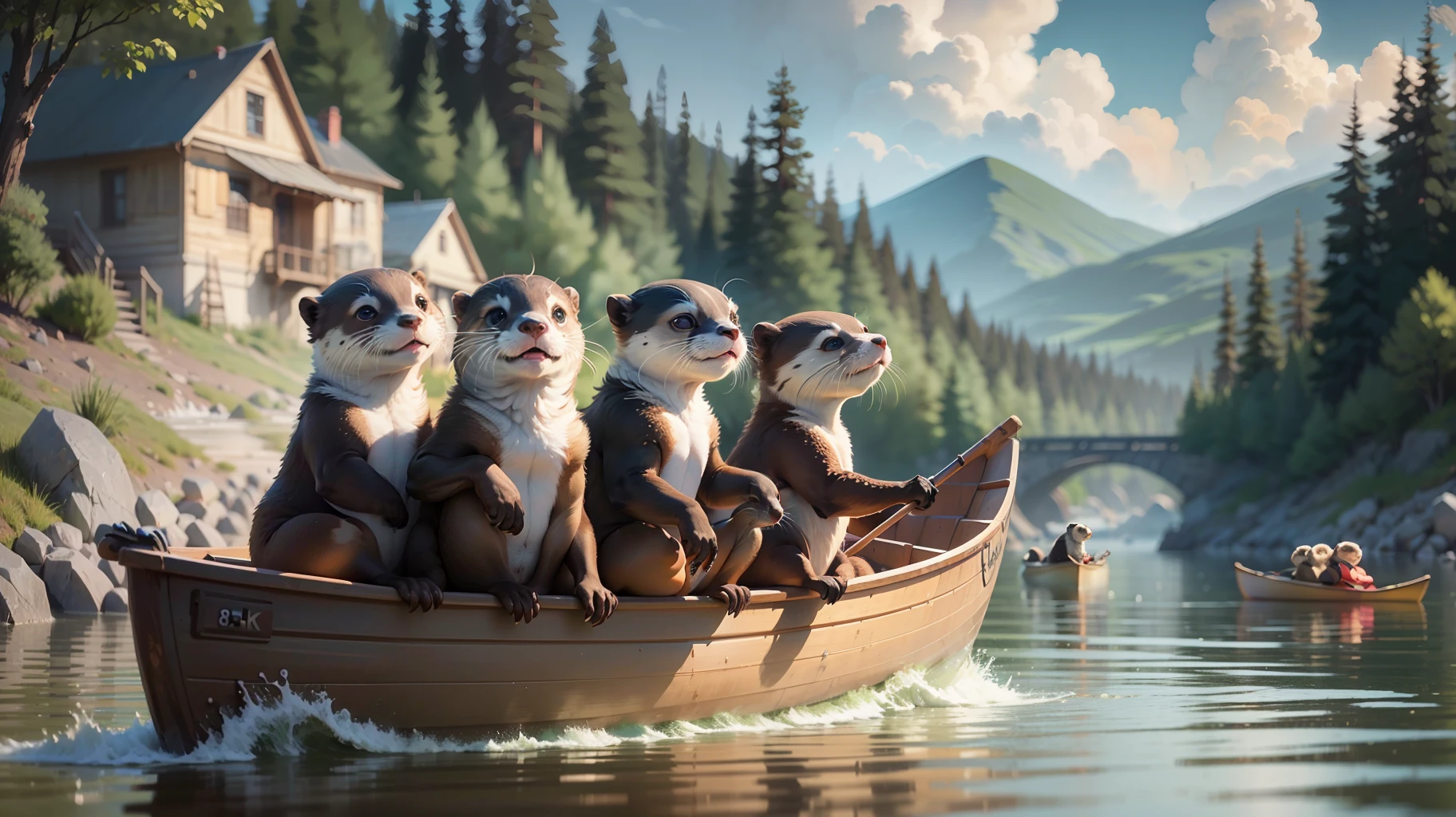 (Best Quality, 8k, 32k, Masterpiece, UHD:1.3), group of cute otters wearing a life vest and taking selfie together, all sitting in a canoe, all looking at camera,  river background, day, volumetric lighting, realistic, --auto --s2