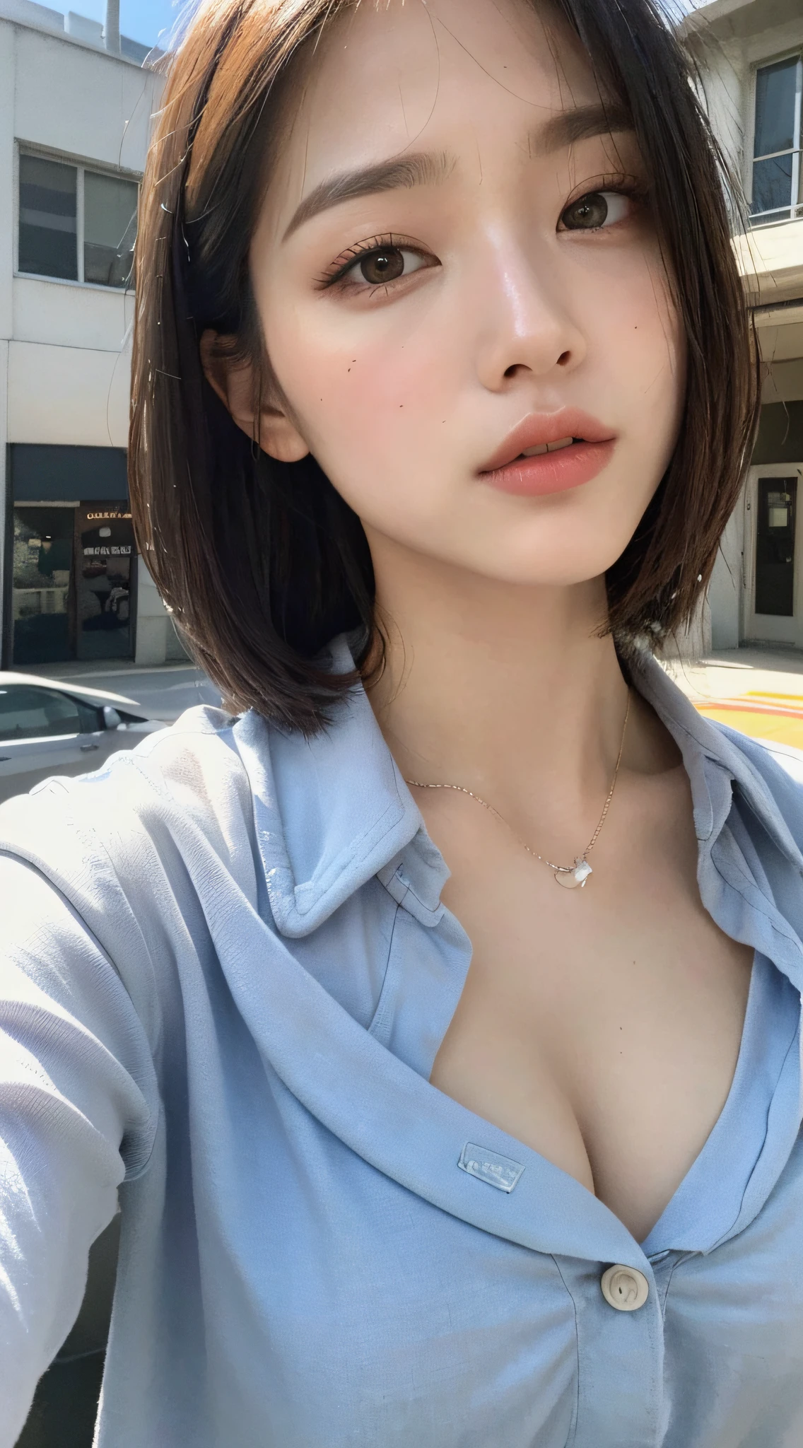 ((Best Quality, 8K, Masterpiece: 1.3)), Sharp: 1.2, Perfect Body Beauty: 1.4, Slim Abs: 1.2, ((Layered Hairstyle, Big Breasts: 1.2)), (Wet White Button Long Shirt: 1.1), (Rain, Street: 1.2), Wet: 1.5, Highly detailed face and skin texture, detailed eyes, double eyelids, side face looking at the camera
