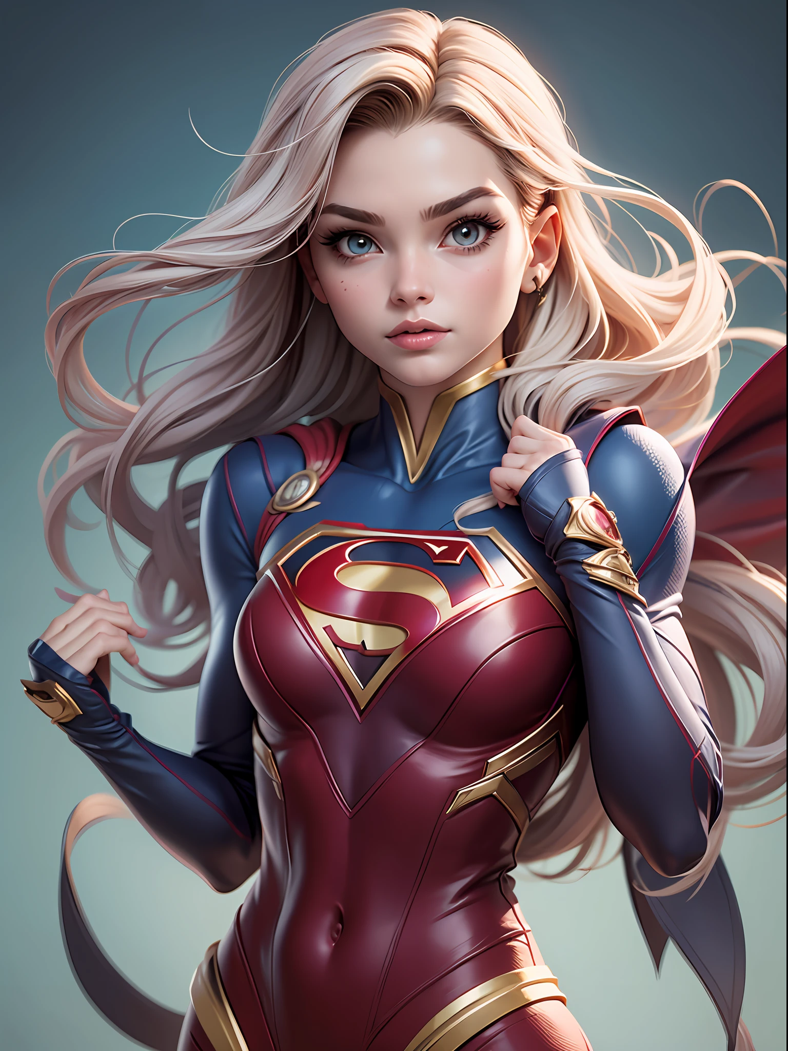 1girl, vestindo fantasia de supergirl rasgada, voador, corpo firme, olhos azuis.