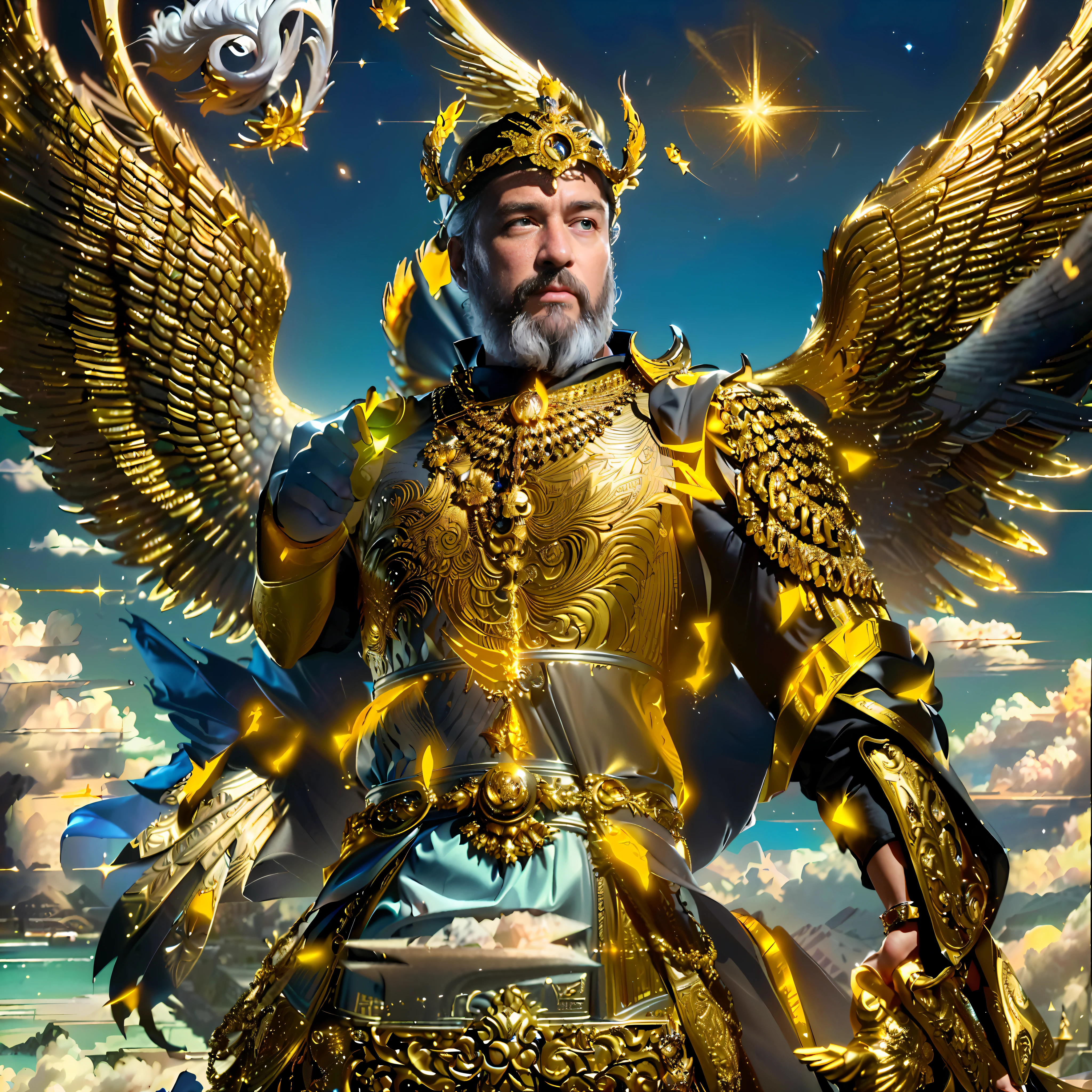 arafed image of a man with a golden armor and a cat, the god emperor of mankind, michael cheval (unreal engine, god emperor, angelic golden armor, gilgamesh, gold gates of heaven!!!!!!!!, god emperor biden, portrait of emperor of mankind, cg art, the god zeus, the god poseidon, god king of ai art, cg artist