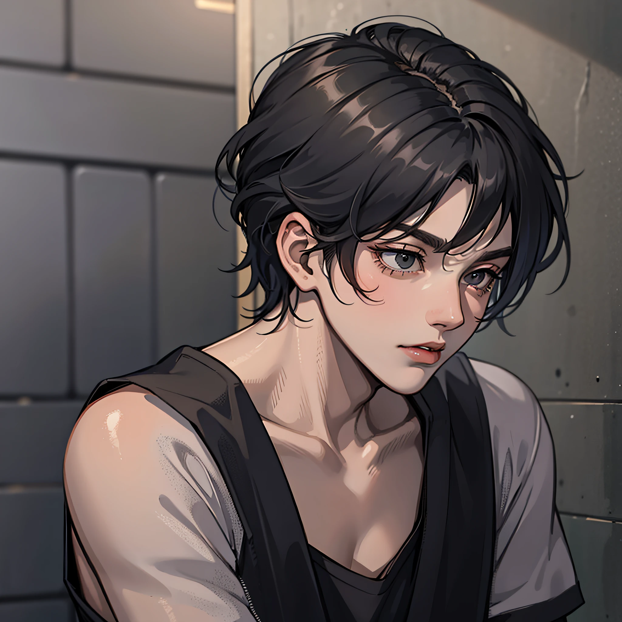 A man wearing black short sleeves(black color hair),In prison,4k
