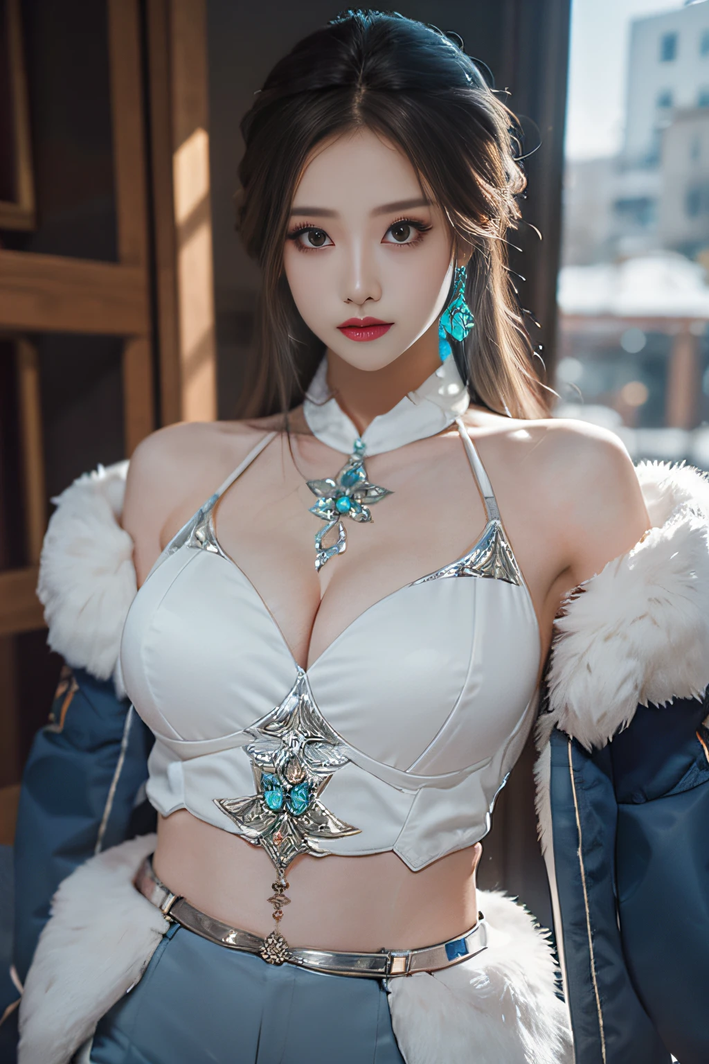 (Masterpiece, best quality, rich detail, realism: 1.3), (ulzzang-6500-v1.1:0.7), 1girl, upper body, (hips, big breasts, sexy, beautiful, perfect body: 1.3)