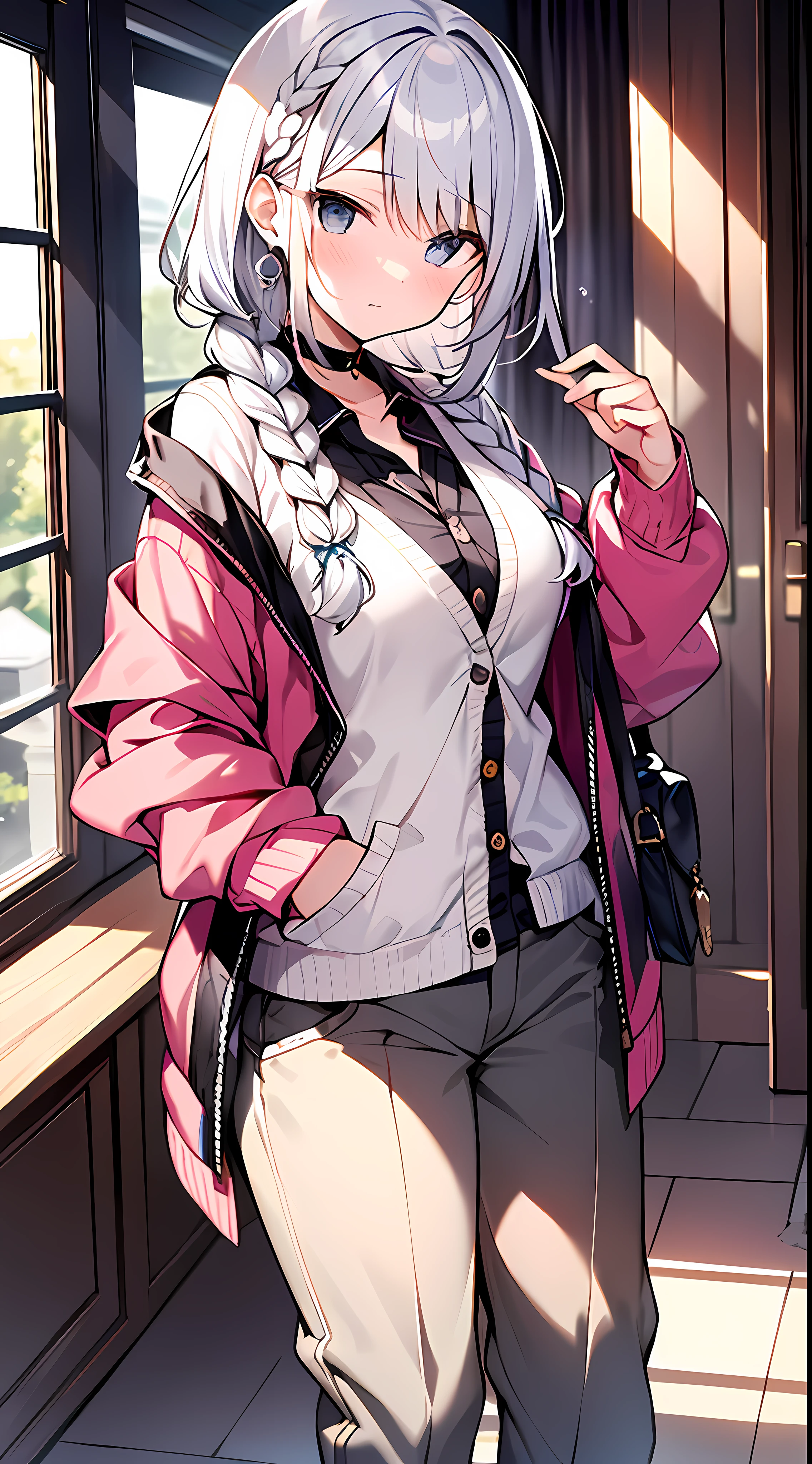 (incredibly absurdres absolutely resolution: 1.5), top quality, masterpiece, ultra high resolution, 8k, (multiple girls), (pale colored cardigan, sneakers, pants) break shoujo manga style, (li), soft line art, digital enhancement, shojo manga touch, shojo manga core, (hair length to shoulder))), (((short braid))), entangle, beautiful and aesthetic: 1.5, High quality: 1.3