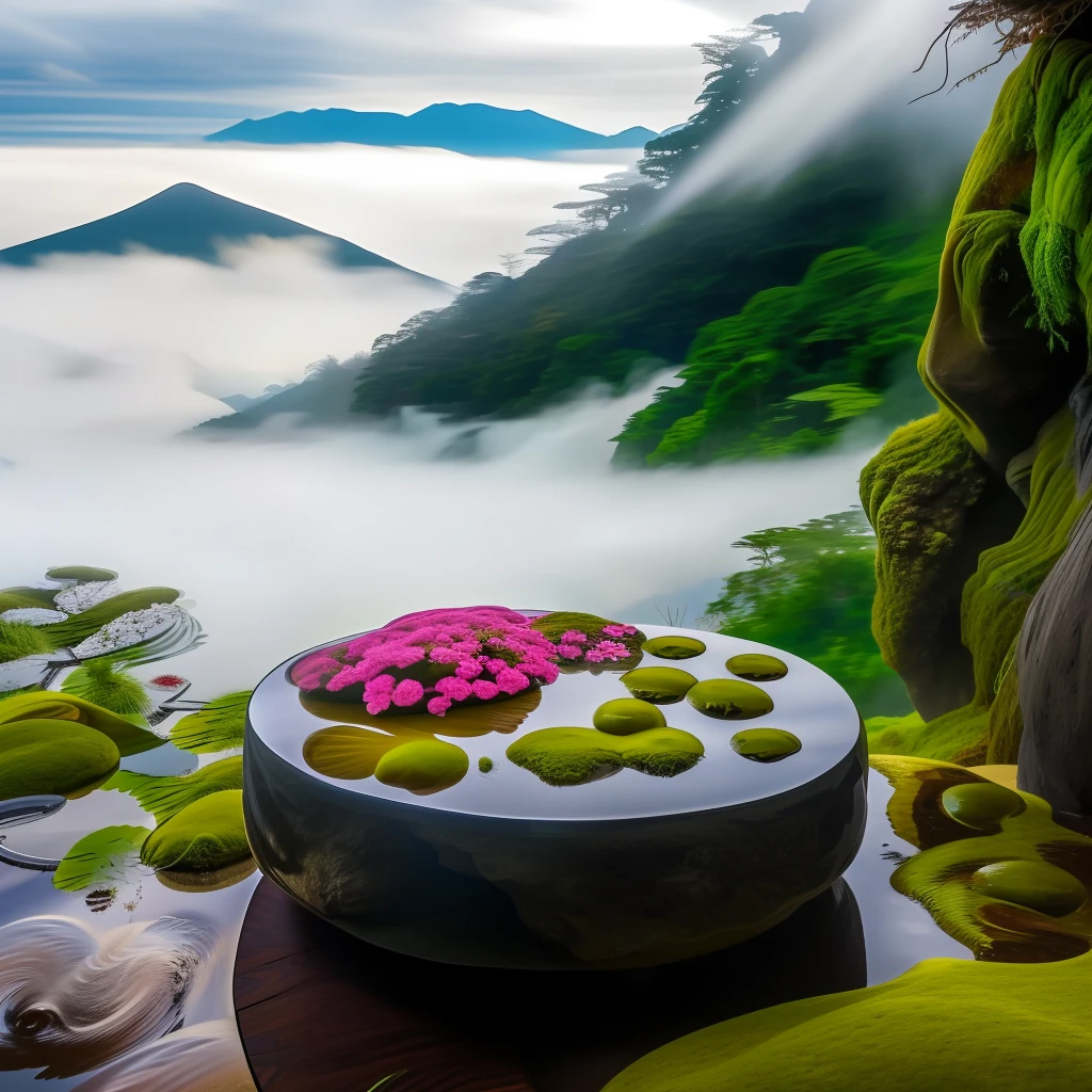 There is a table in the middle of the mountain,It has moss and flowers on it, japan nature, lush japanese landscape, surreal waiizi flowers, floating mountains, japan mountains, stunning nature in background, mystical setting, above lush garden and hot spring, floating in a powerful zen state, japanese landscape, japanese onsen, mist from waterfall, beautiful and mysterious