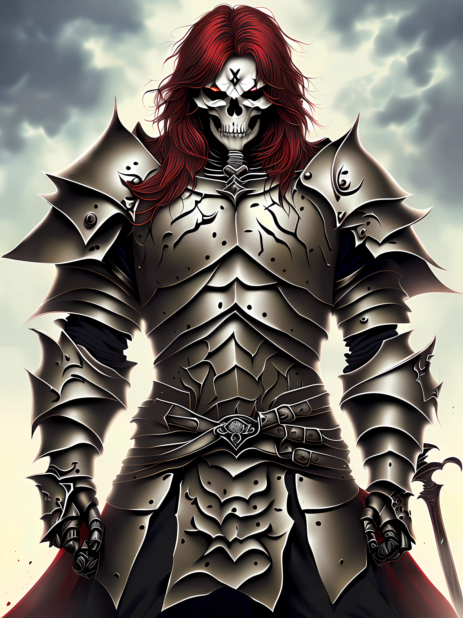 arafed image of a skeleton dressed in armor with a sword, beautiful male god of death, the king of death, skeleton king, by Yoshihiko Wada, skeleton knight, undead skeleton king, advanced digital anime art ”, by Pedro Pedraja, skeleton warrior, wearing a skeleton armor, detailed anime character art, demon knight of death, by Kentaro Miura, Punk medium red hair