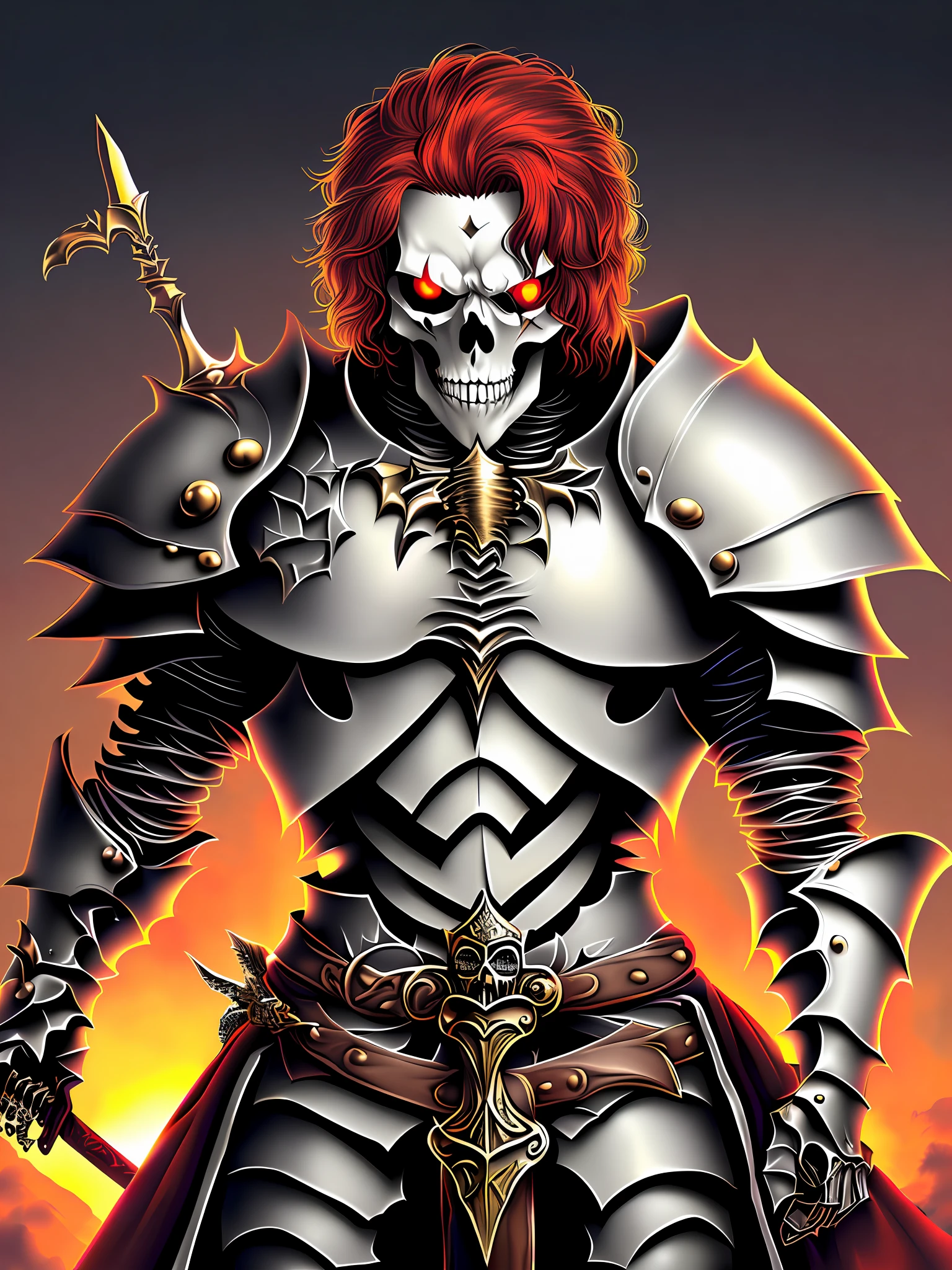 arafed image of a skeleton dressed in armor with a sword, beautiful male god of death, the king of death, skeleton king, by Yoshihiko Wada, skeleton knight, undead skeleton king, advanced digital anime art ”, by Pedro Pedraja, skeleton warrior, wearing a skeleton armor, detailed anime character art, demon knight of death, by Kentaro Miura, Punk medium red hair