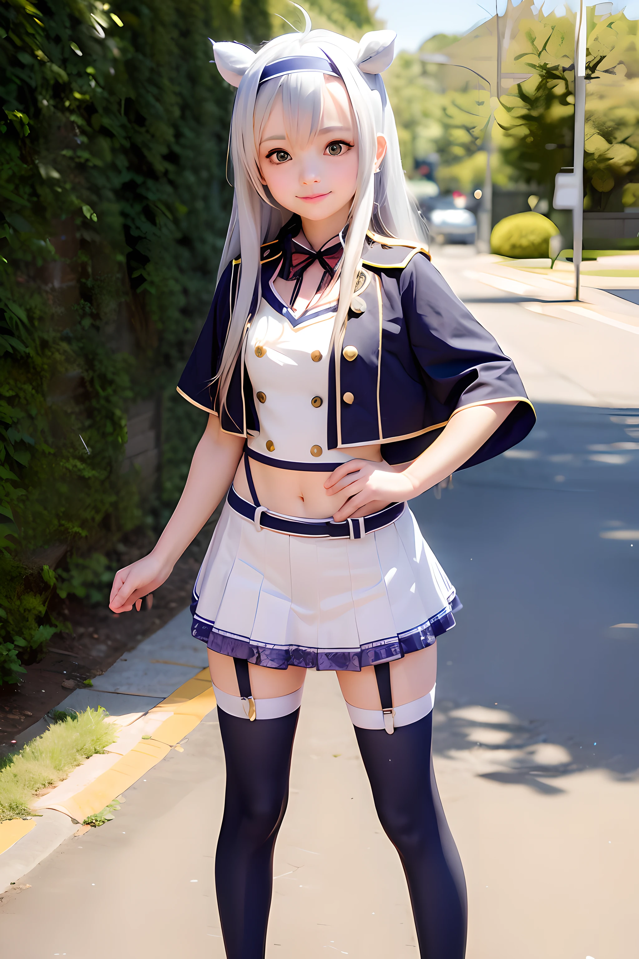 sistineFibeldef, full body, standing, legs, smile, blush, outdoors, day, simple background,