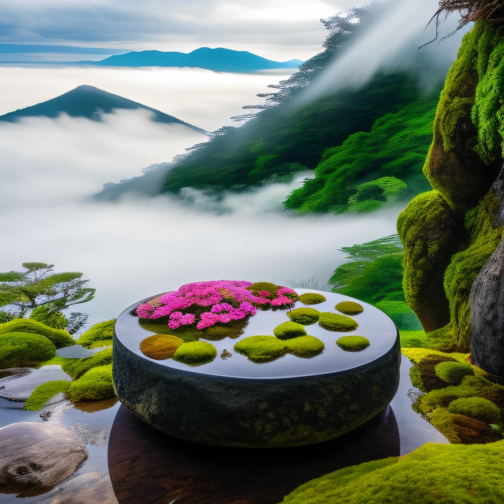 There is a table in the middle of the mountain,It has moss and flowers on it, japan nature, lush japanese landscape, surreal waiizi flowers, floating mountains, japan mountains, stunning nature in background, mystical setting, above lush garden and hot spring, floating in a powerful zen state, japanese landscape, japanese onsen, mist from waterfall, beautiful and mysterious