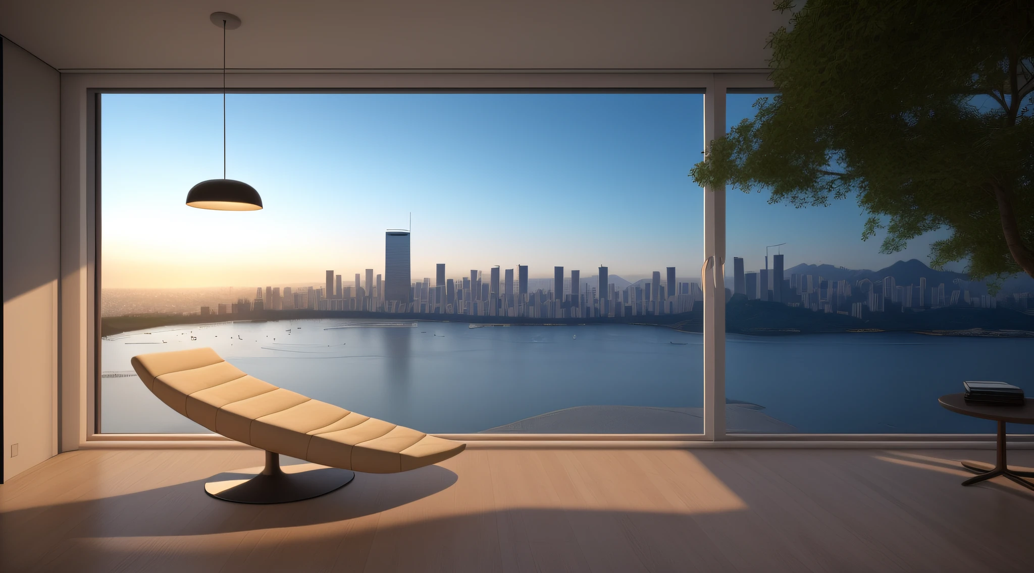 There is a large window,You can see a view of the city and the green lake,Tree outside window window and city background, cityscape in the window, interior architecture view, floor to ceiling window, architectural visualization, relaxing environment, surreal cityscape background, Author:Chass is silent, open window ib background, a photorealistic rendering, breathtaking render, window with rio de janeiro view, VIEW, luxury condo interior