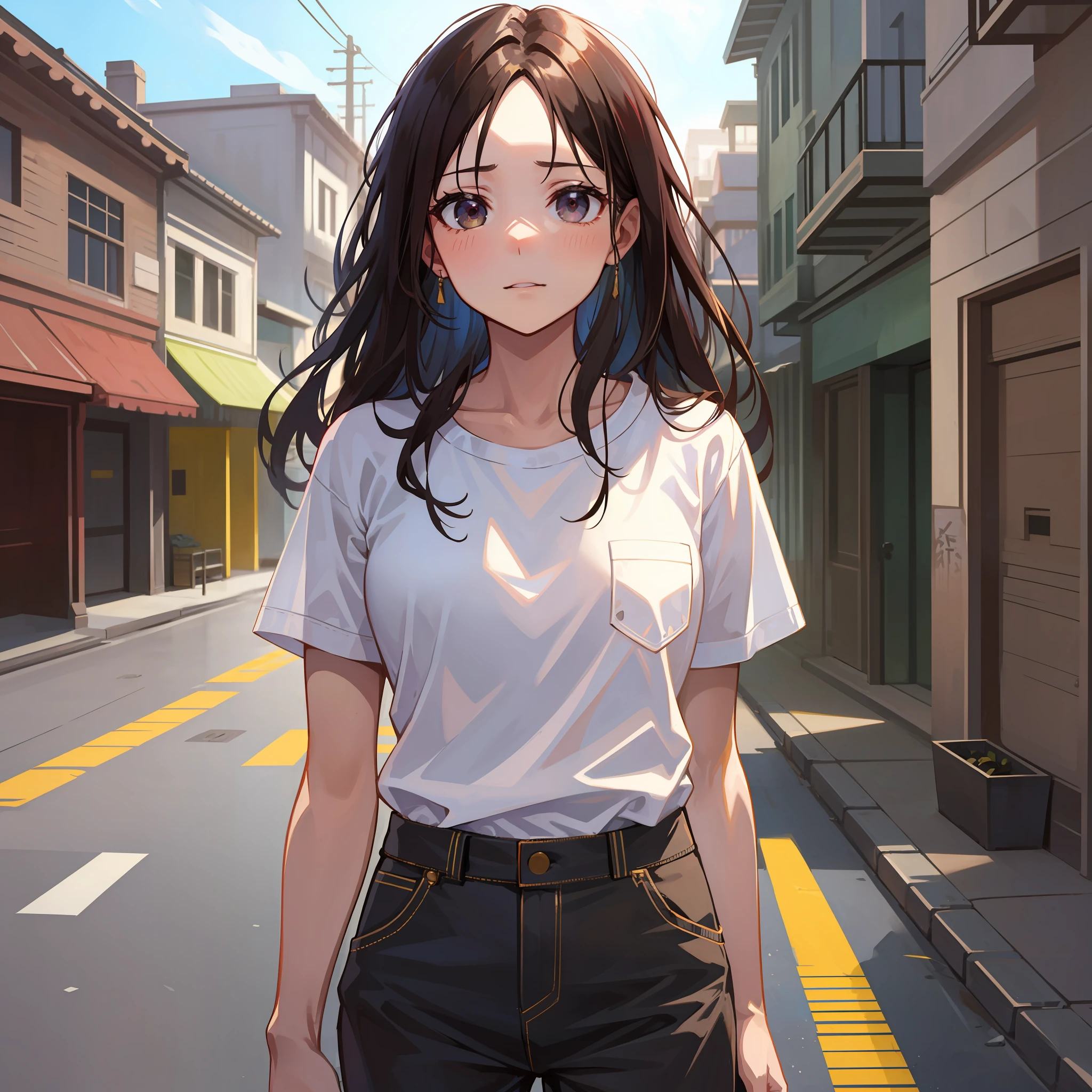 Una chica, cabello largo, cabello blanco, ojos amarillos, alta, delgada, rostro delgado, camisa blanca manga larga, pantalones negros anchos