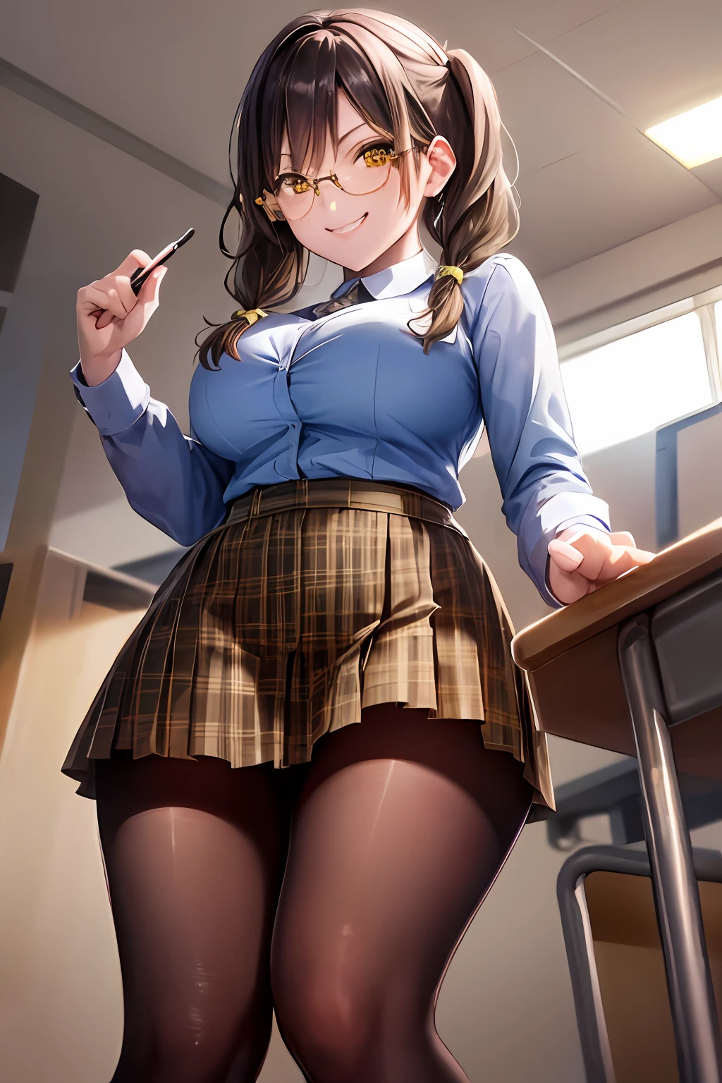 glasses、braid hair、Pigtails hair、detailled eyes、BROWN EYES、A evil smile、Evil smile、slong hair、Plaid pleated skirt、Yellow miniskirt、Black hair、Camisa blanca、White Y-shirt、thickthighs、Black Pantyhose、Black stockings、Black tights、school classroom、evening