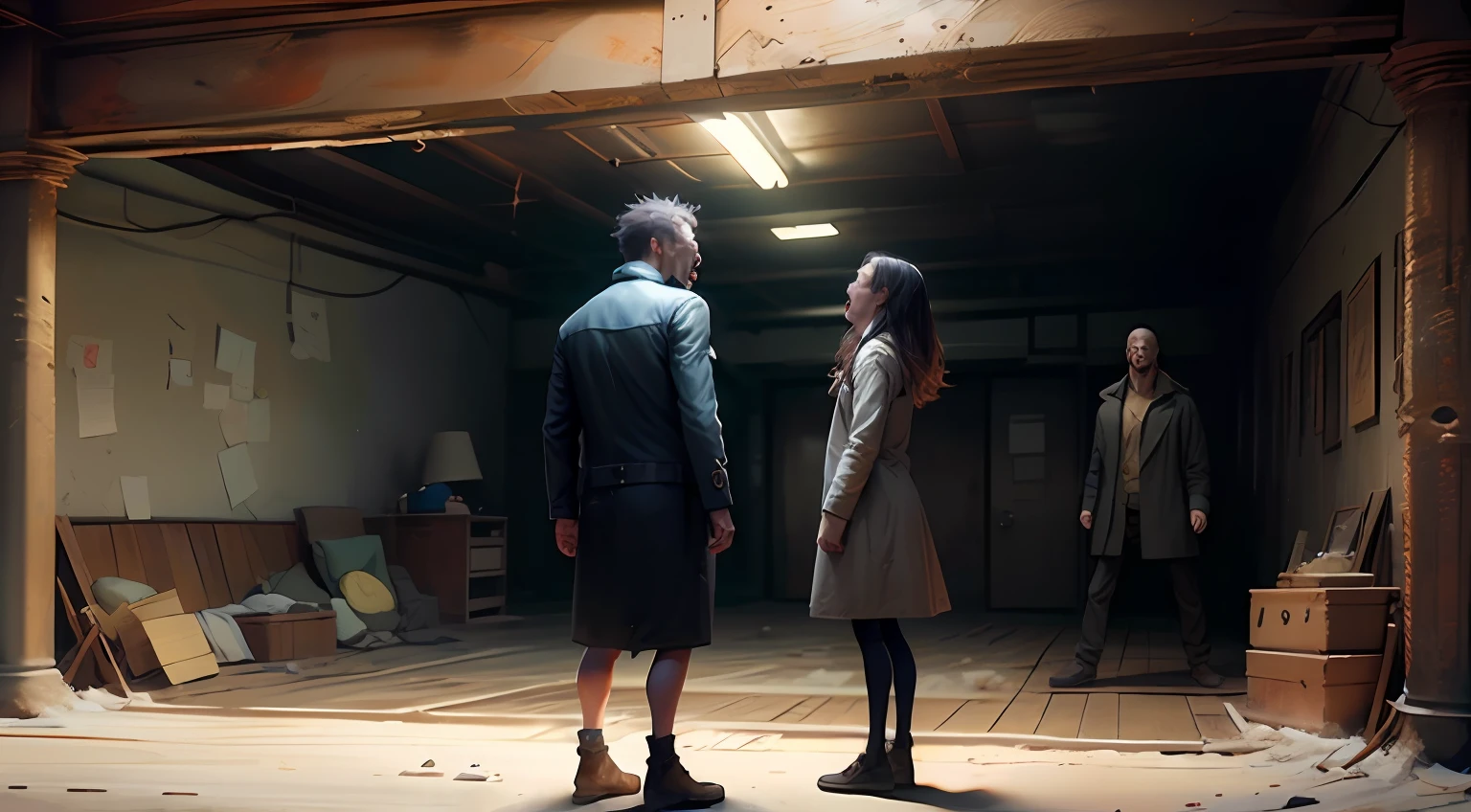 good quality detailed 4k image Man screaming at girl, sad girl, angry man, scene in a room, full body, realistic, angry man looking at girl