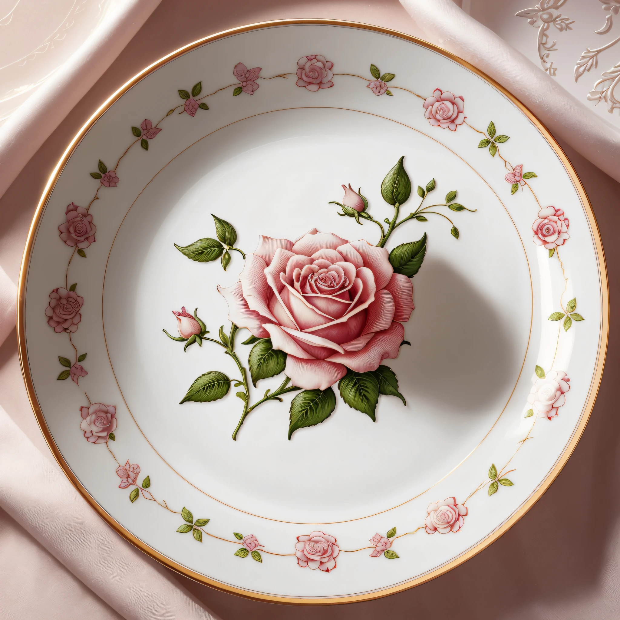 There is a white plate，It has a pink rose and a butterfly on it，Fine porcelain，Three-dimensional flower，Three-dimensional flower，Rosenthal，closeup detailed，Halftone style，amazingly fine details，Details added，outstanding details，medium close-up，Hand drawn，closeup view，closeup view，chinaware，Exquisite Detail，Close-up in the middle，beautiful details，Detailed close-up，Many exquisite details --auto --s2