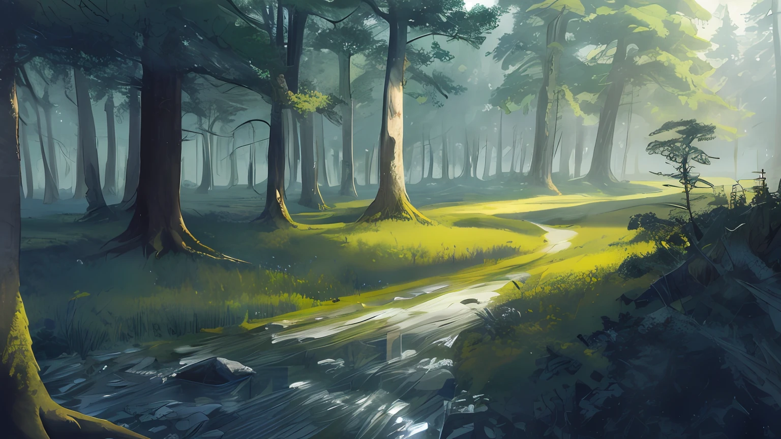 Meisterwerk,the best quality t,Extremely beautiful reflection,Under the stars a man walking in the forest,In the woods,blue colors,lakeside,Lateral face,Lots of trees, Horizontal line composition, Super detailed forest drawing with streams and trees, detailed but rough, rough abstract sketch, some trees in the background, sketch of an ocean in ms paint, concept art sketch, concept piece, wide establishing shot, background art, environment concept, line sketch, forest in the background, random background scene, random forest landscape, swampy atmosphere
