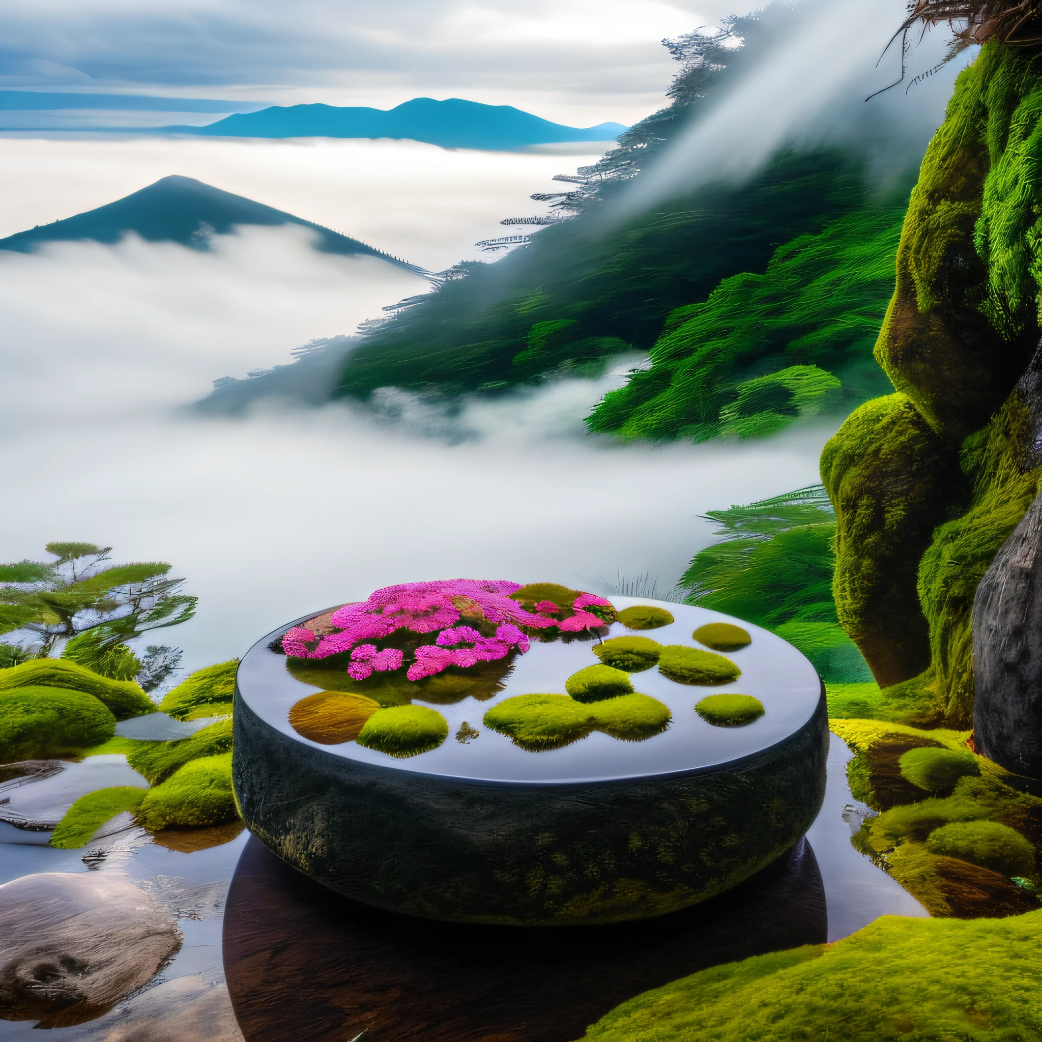 There is a table in the middle of the mountain，It has moss and flowers on it, japan nature, lush japanese landscape, surreal waiizi flowers, floating mountains, japan mountains, stunning nature in background, mystical setting, above lush garden and hot spring, floating in a powerful zen state, japanese landscape, japanese onsen, mist from waterfall, beautiful and mysterious