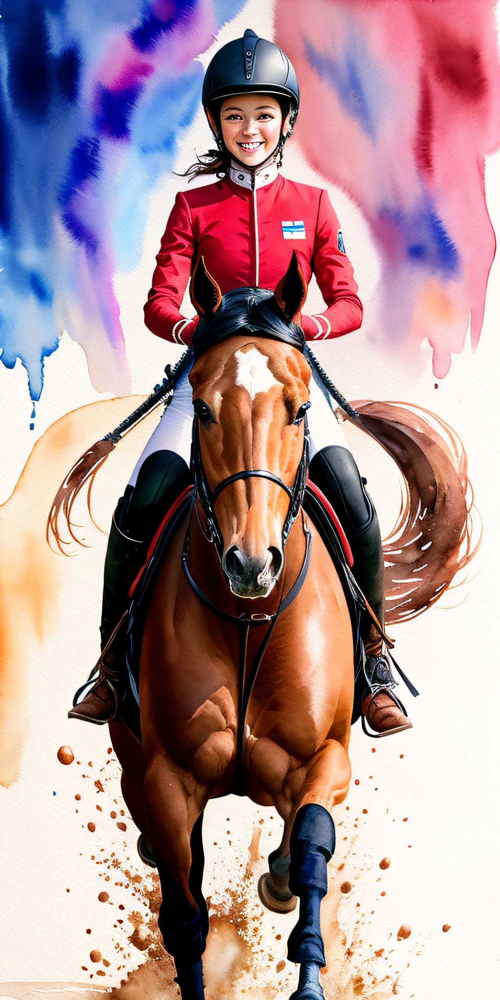 wtrcolor style, digital art (horse character), (show jumping) girl on loashdie, full-length, flowing tail, formal art, frontal, smiling, masterpiece, beautiful, ((watercolor)), face painting, paint splashes, intricate details. Very detailed, detailed eyes, [drip: 0.5], popular on artstation, Rachel Walker.