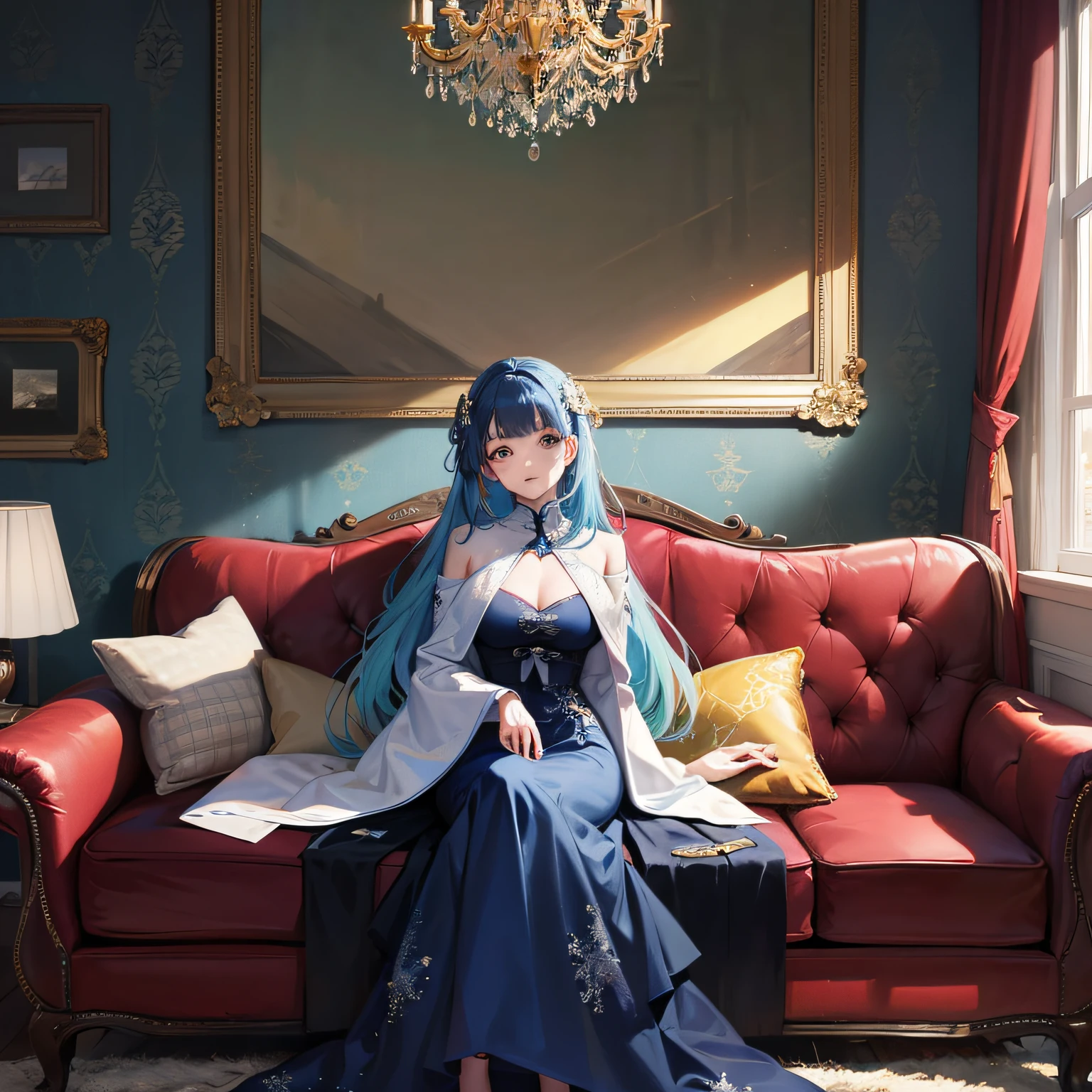 The best picture quality，Meisterwerk，inside room，Living room sofa，1女，20岁，Mature Woman，long hair with blue hair，Beautiful dress，