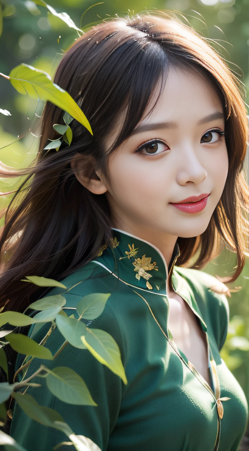 (Masterpiece, Top Quality, Best, Official Art, Beautiful and Aesthetic, Long Exposure: 1.2), (Beautiful Face 1.8, Smile 1.5), Smooth Movement of Jiaohao, Charming Pattern, 1 Girl, (Long Skirt with Sleeves: 1.3), (((Green Clothes))), Close-up of Upper Body, No Shoulders, Chinese Girl, Blush, Black Lob Hair, Portrait, Solo, Upper Body, Gaze Viewer, Detailed Background, Detailed Face, (crystallineAI, Crystalline Theme: 1.1), Elemental Wood Sprite, Spin Leaves, Control Leaves, Emerald Clothes, Dynamic Pose, Floating Particles, Ethereal Power, Leaves, Vapor, Forest in the Background, Green Tones, Forest, Ethereal Atmosphere,