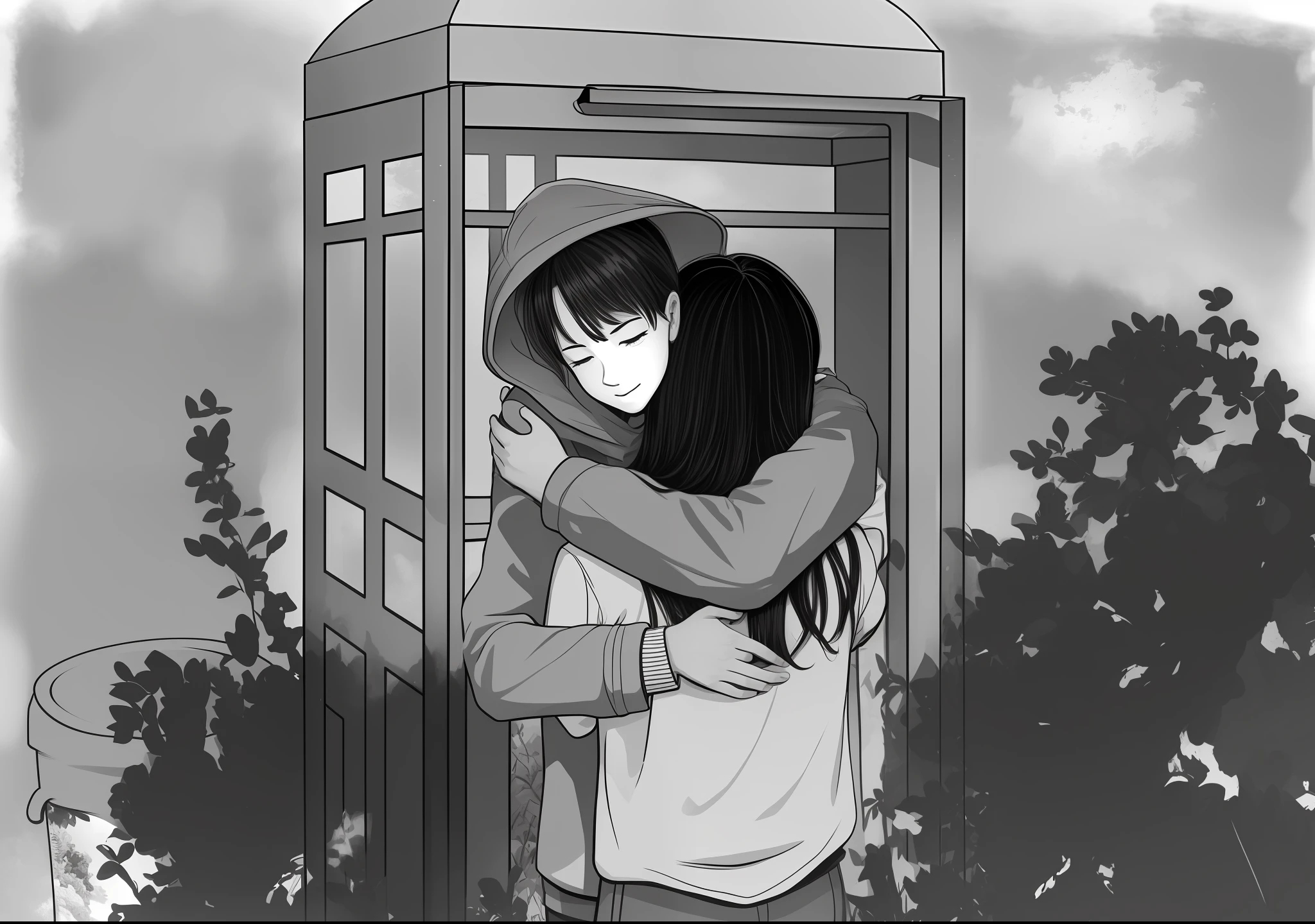 A girl and a boy hugging in front of a phone booth,Next to grass and trash cans,Behind is a tree
