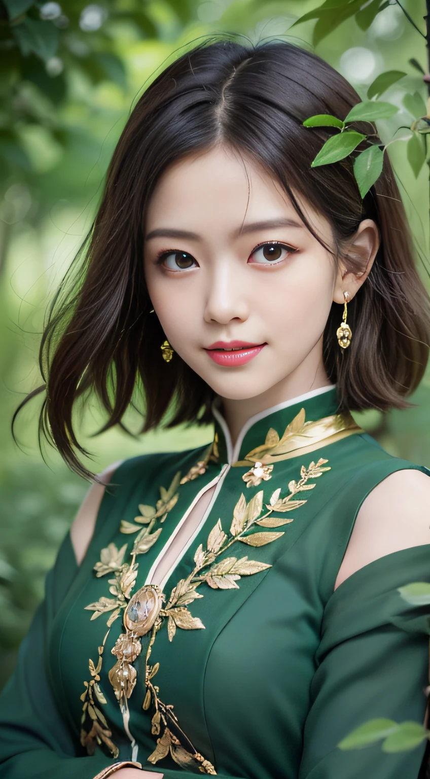 (Masterpiece, Top Quality, Best, Official Art, Beautiful and Aesthetic, Long Exposure: 1.2), (Beautiful Face 1.8, Smile 1.5), Smooth Movement of Jiaohao, Charming Pattern, 1 Girl, (Long Skirt with Sleeves: 1.3), (((Green Clothes))), Close-up of Upper Body, No Shoulders, Chinese Girl, Blush, Black Lob Hair, Portrait, Solo, Upper Body, Gaze Viewer, Detailed Background, Detailed Face, (crystallineAI, Crystalline Theme: 1.1), Elemental Wood Sprite, Spin Leaves, Control Leaves, Emerald Clothes, Dynamic Pose, Floating Particles, Ethereal Power, Leaves, Vapor, Forest in the Background, Green Tones, Forest, Ethereal Atmosphere,