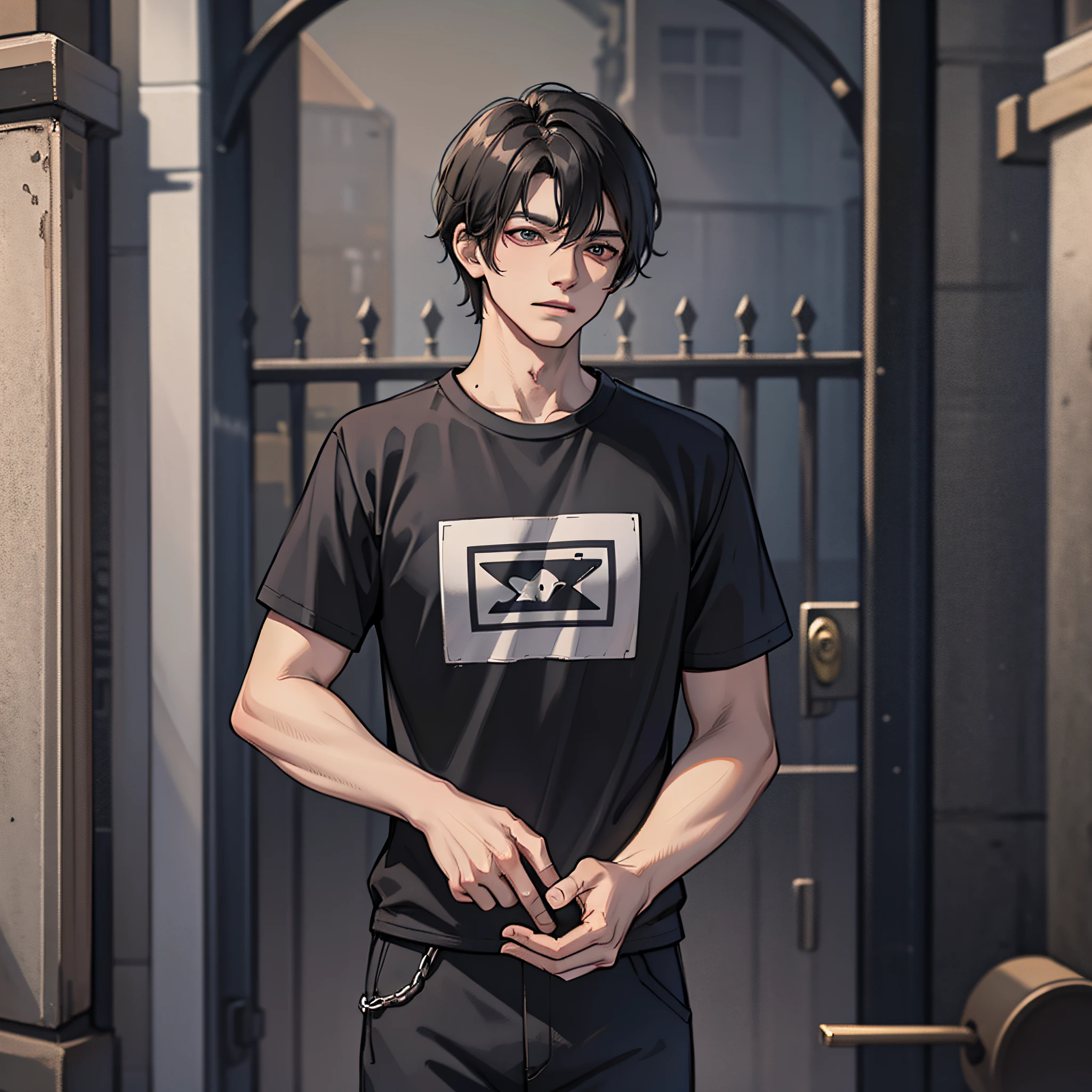 A man wearing black short sleeves(black color hair),At the prison gate,4k
