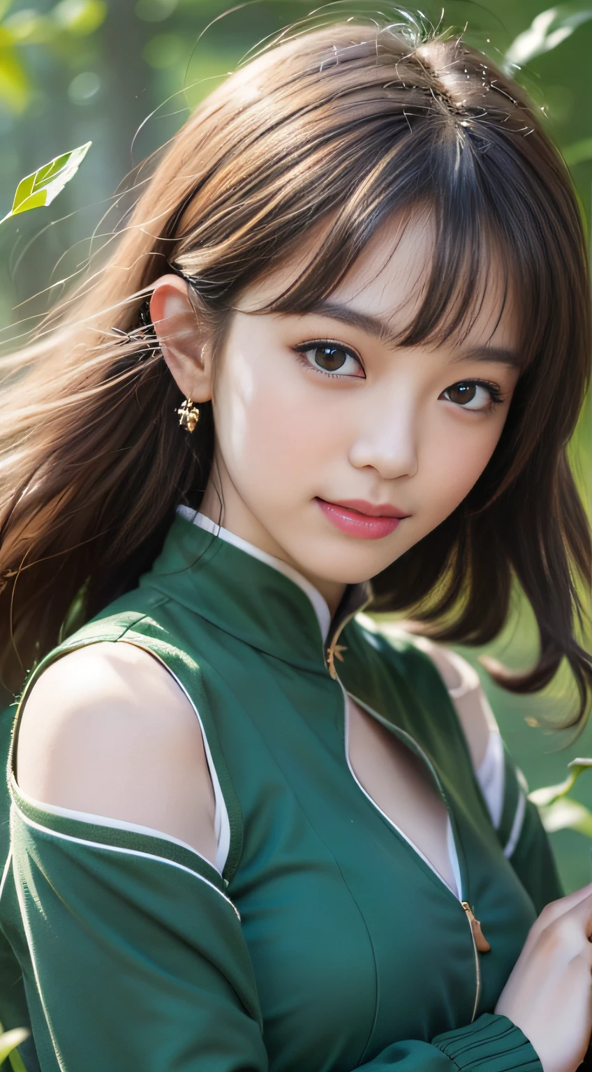 (Masterpiece, Top Quality, Best, Official Art, Beautiful and Aesthetic, Long Exposure: 1.2), (Beautiful Face 1.8, Smile 1.5), Smooth Movement of Jiaohao, Charming Pattern, 1 Girl, (Long Skirt with Sleeves: 1.3), (((Green Clothes))), Close-up of Upper Body, No Shoulders, Chinese Girl, Blush, Black Lob Hair, Portrait, Solo, Upper Body, Gaze Viewer, Detailed Background, Detailed Face, (crystallineAI, Crystalline Theme: 1.1), Elemental Wood Sprite, Spin Leaves, Control Leaves, Emerald Clothes, Dynamic Pose, Floating Particles, Ethereal Power, Leaves, Vapor, Forest in the Background, Green Tones, Forest, Ethereal Atmosphere,