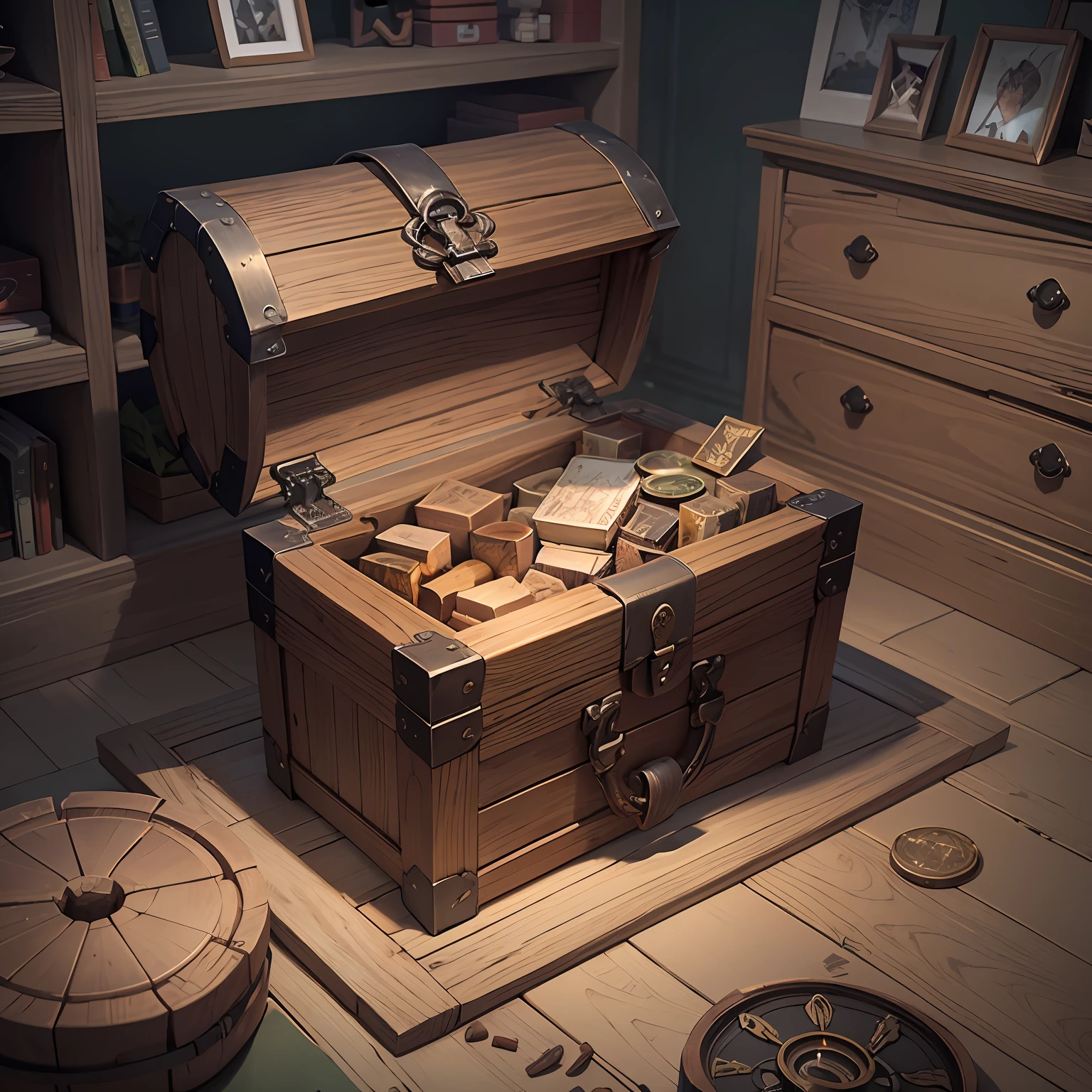 尺寸1080x1080,Chests that are locked and unopened,Dark room,candle light,game background,SLG properties