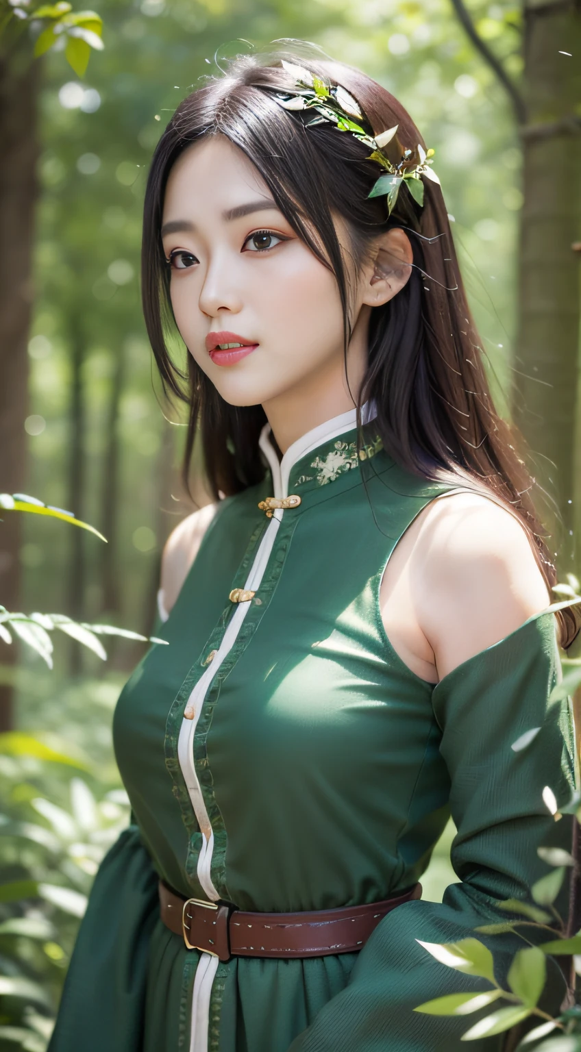 Meisterwerk,topquality,optimal,official arts,beautiful and aesthetic,long exposure:1.2),smooth movement,captivating patterns, 1 女孩,(Long skirt with sleeves:1.3),(((green clothes))),upper body close up,bare shoulders,Chinese Girl,blush,black lob hair, Portraits,solo,UPPER BODY,watching the observer,detailed backgrounds,Detailed Face,(crystallineAI, crystalline theme:1.1),Elemental wood sprites,Rotate the leaves,Control the leaves,Emerald clothes,Dynamic poses,particles floating,ethereal dynamics,Leaves,steam,forest in the background,green tone,the forest,ethereal atmosphere,