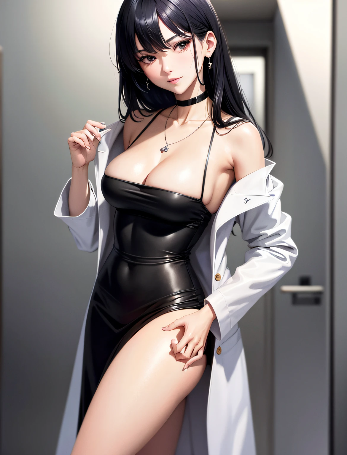 Meisterwerk， Hot lens， （（best quarity））， absurds， Perfect anatomy， Tae Takemi， （Small smile）， Breasts Large，Choker， Choker， Choker， The dress， （：1.3）， braless， Contoured abdomen， labcoat， standing a， doctor office background， Sexy posing