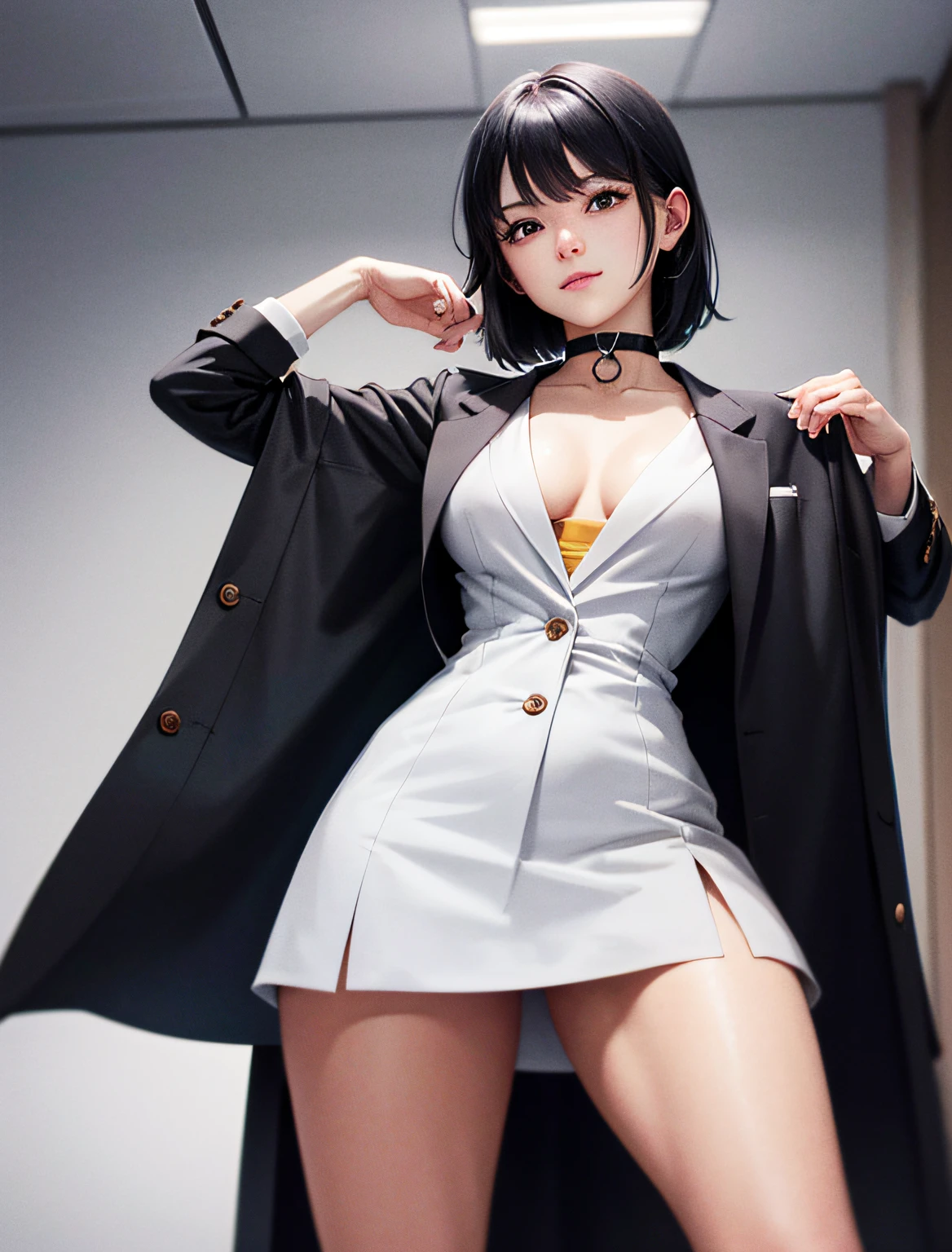 Meisterwerk， Hot lens， （（best quarity））， absurds， Perfect anatomy， Tae Takemi， （Small smile）， Breasts Large，Choker， Choker， Choker， The dress， （：1.3）， braless， Contoured abdomen， labcoat， standing a， doctor office background， Sexy posing