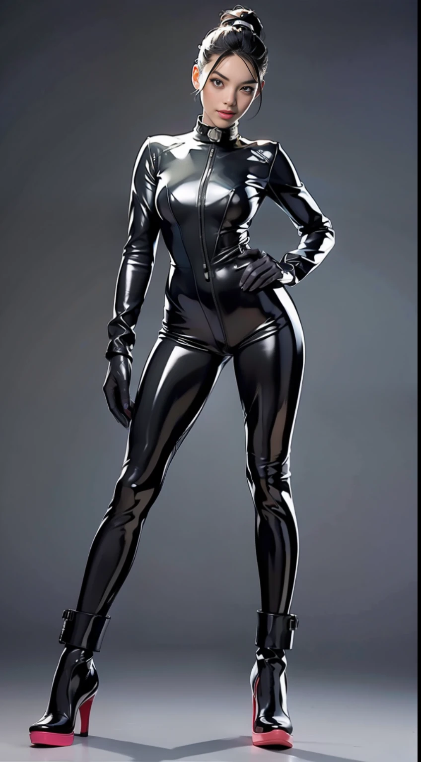 solo, super fine photo, full body picture Unreal Engine 5 8K UHD of teen girl in a skin tight futuristic black latex Evangelion plug suit, gorgeous, slick black catsuit, black iconic character, smooth black skin, black body, PVC, glossy latex suit, rubber suit, rubber belts, collar, rubber glove, high boots, arm and leg cuffs, straps, best quality, masterpiece, official art, unified 8k wallpaper, super detailed, sharp focus, girl and sexy pose, body parts